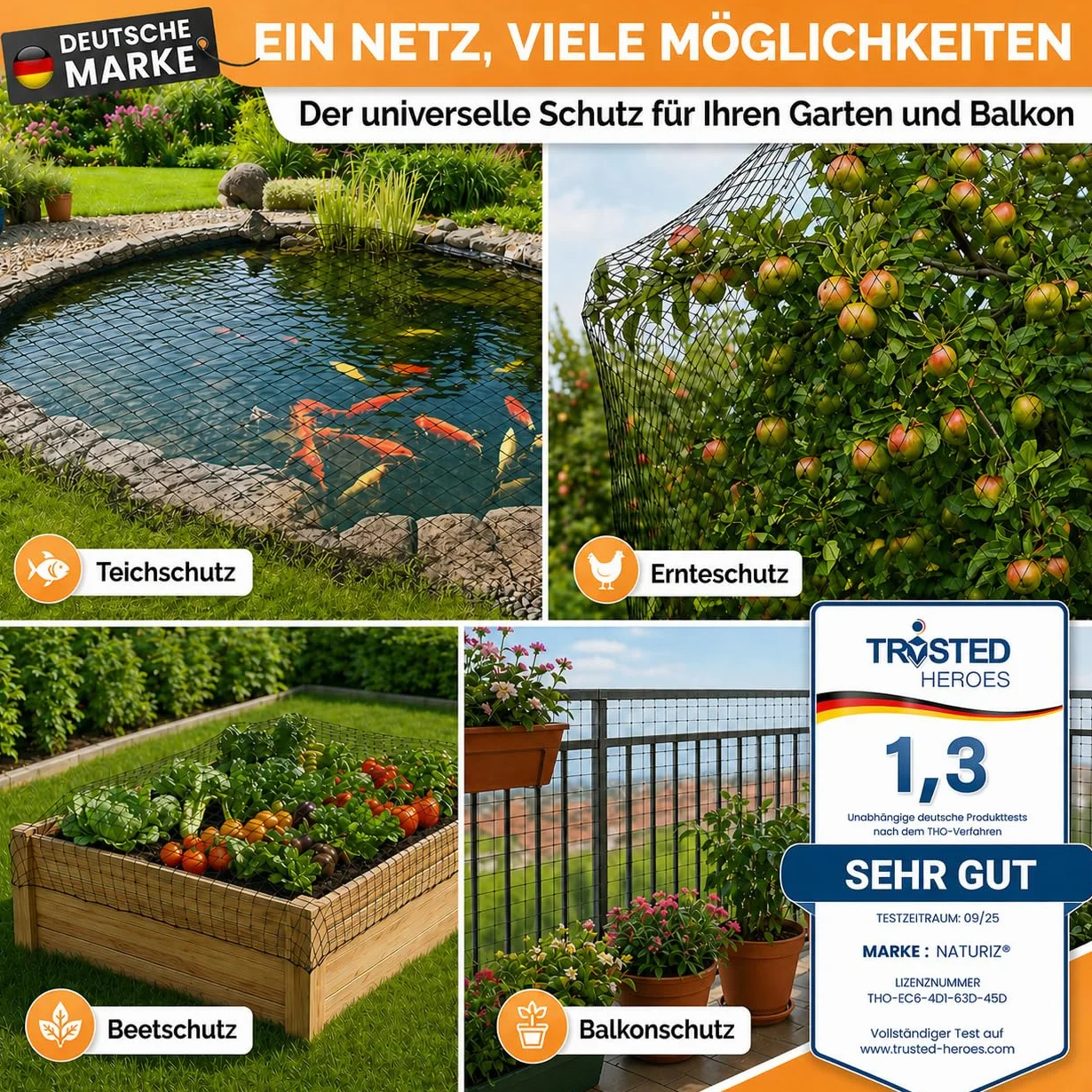 Naturiz Filet anti-oiseaux étang 15x15mm mailles fines résistant UV intempéries 8x8m