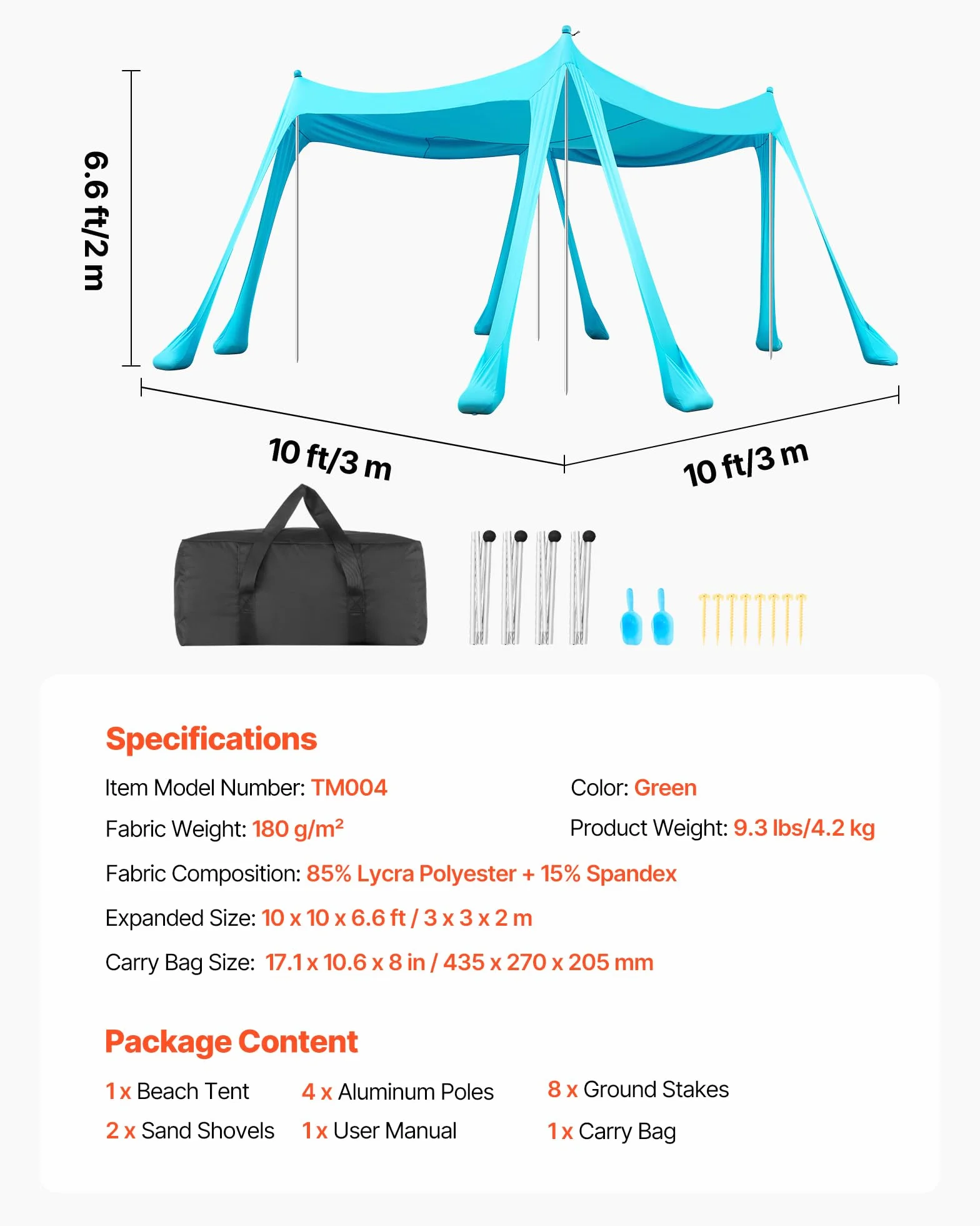 VEVOR Tente de Plage de 3x3x2 m, Abri Solaire UPF50+, Pare-Soleil Extérieur pour Plage Parc Camping et Pêche, Auvent Protection UV avec Sacs de Sable, Poteaux de Soutien et Pelles à Sable, Vert