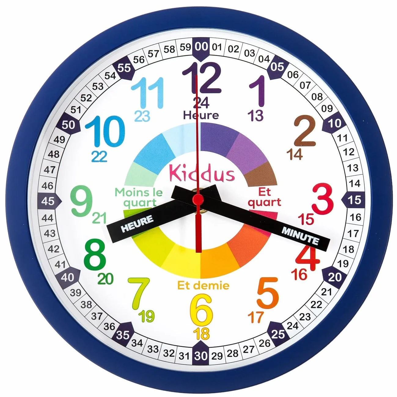 Kiddus Horloge Murale Enfant Apprendre l'Heure 20cm Aiguilles Inscrites Silencieuse Chiffres Colorés