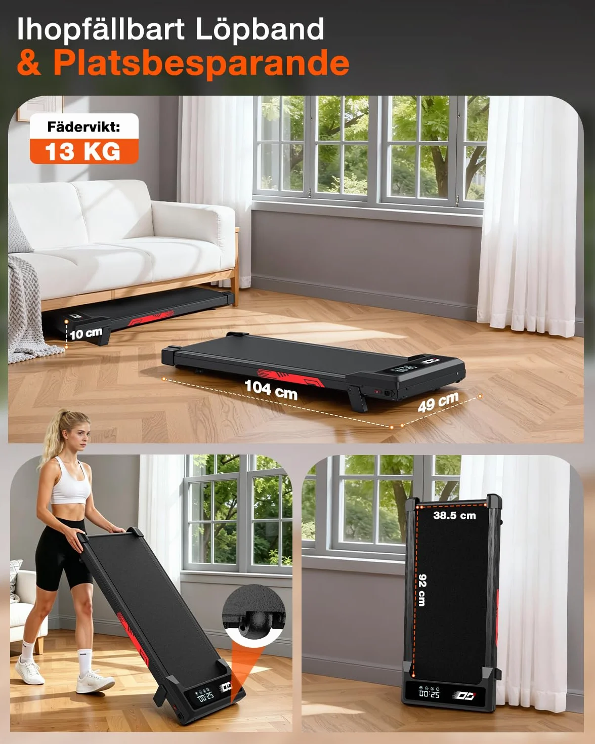 Tapis de Course et de Marche 3 en 1 avec Pente 9%, Tapis Roulant Walking Pad Pliable 1-10 km/h, Moteur sans Balais Silencieux 3,0 HP, 140 kg, LED, Amorti