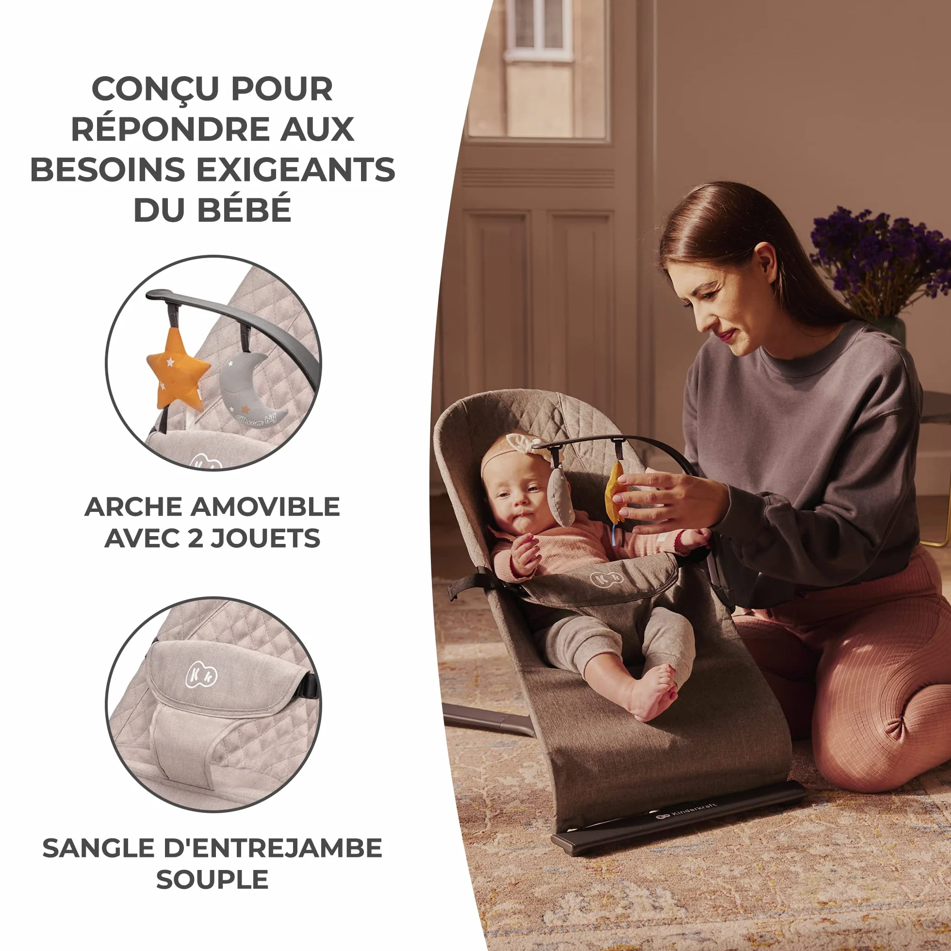 Kinderkraft MIMI Transat bébé, Balancelle, Dossier réglable 3 niveaux, Pliable à plat, Arche jouets, Beige