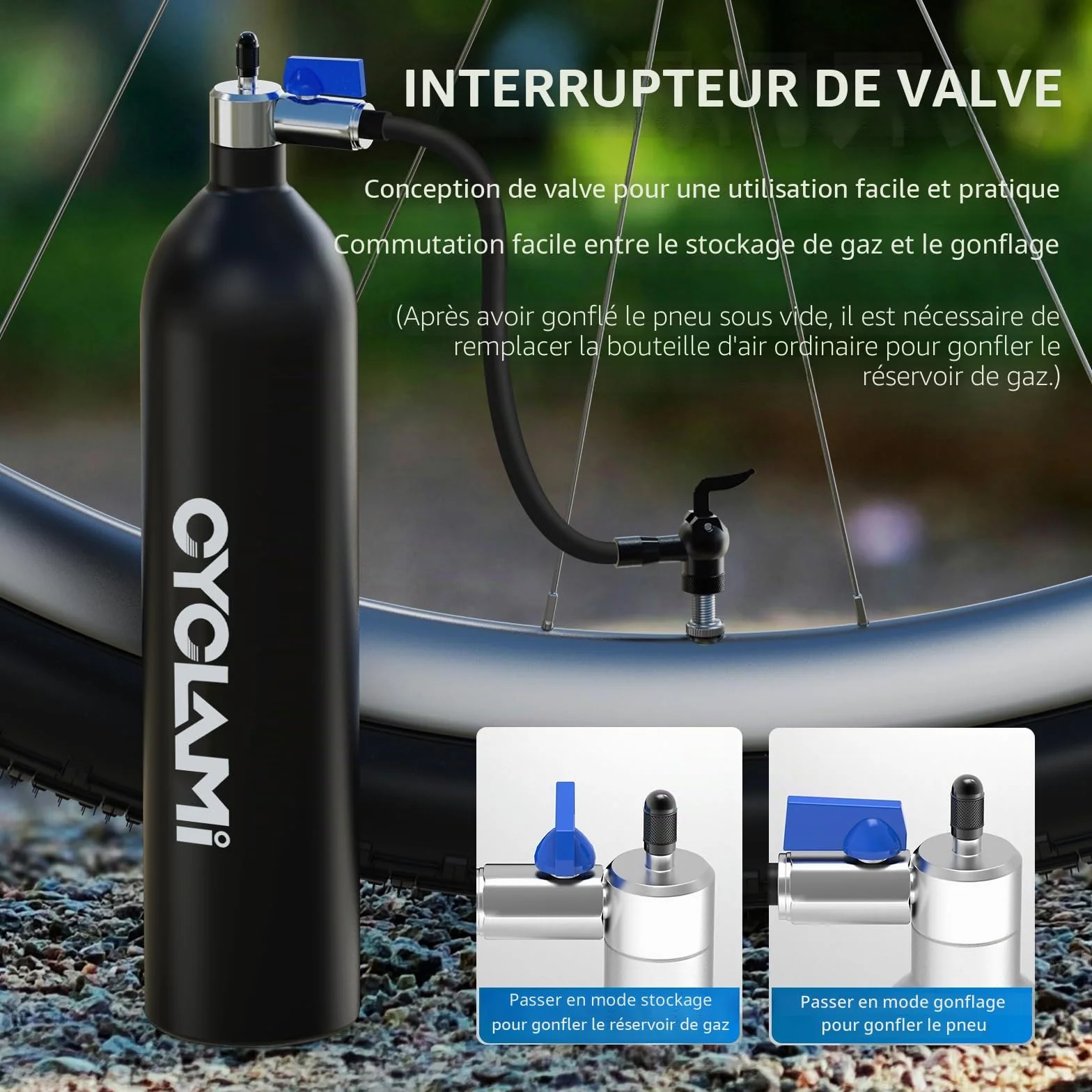 Pompe Compresseur Gonfleur Tubeless 1.3 litres, Gonfleur de Pneus - Pompe à Air pour Vélo de Route et de Montagne avec AV/FV