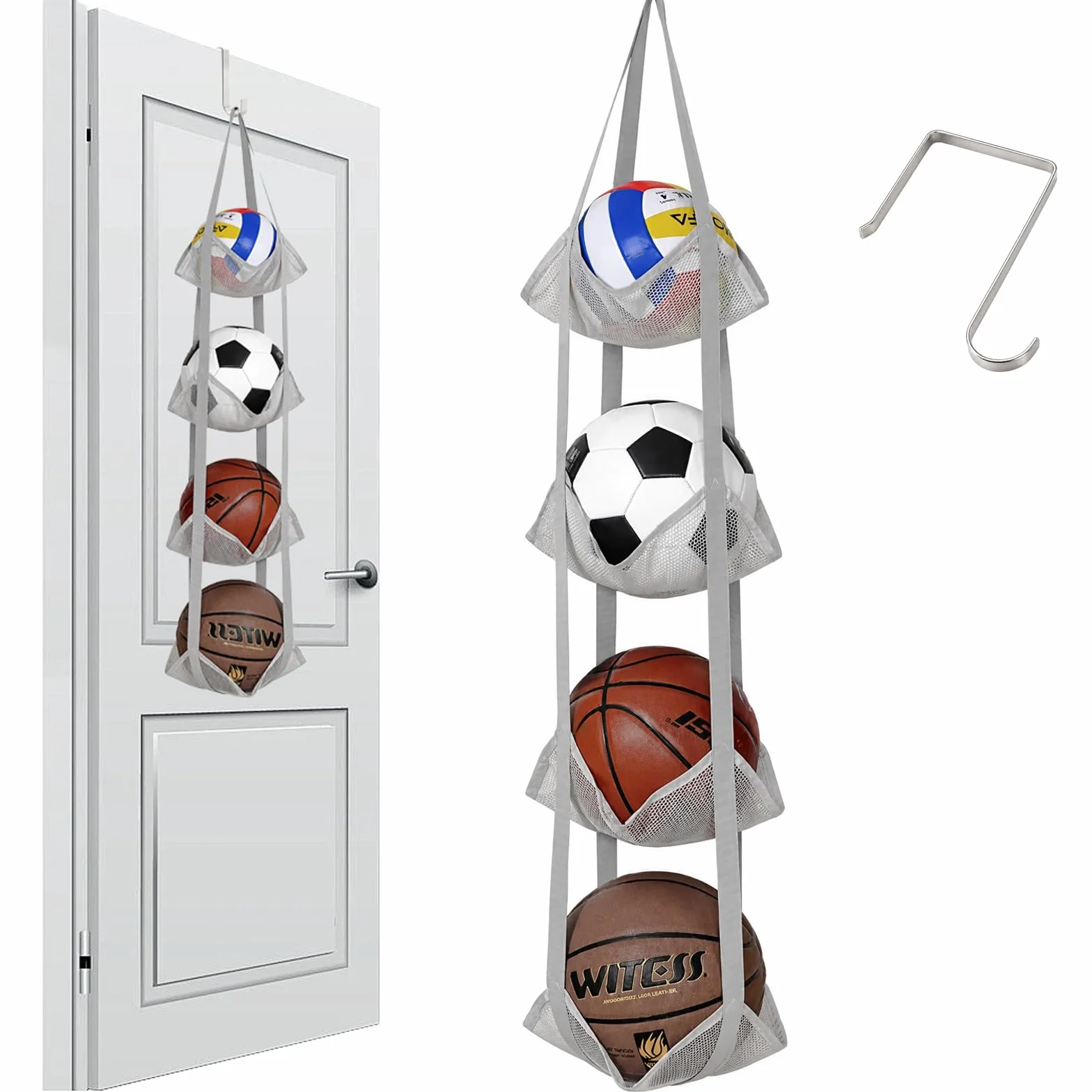 ONEJI Organisateur de Ballons en Filet à 4 Niveaux, Support de Ballons Vertical à Fixation sur Porte pour Basket, Football, Volleyball, Jouets, Rangement Gain de Place pour Garage, Maison et sous-Sol