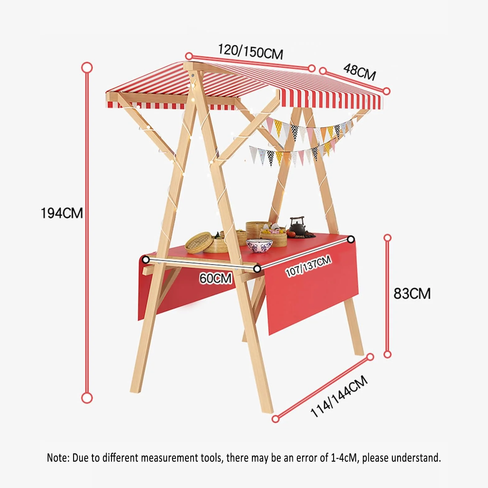 Chariot de Vente Mobile Pliable en Bois avec Auvent, Stand de Marché 120cm Rouge