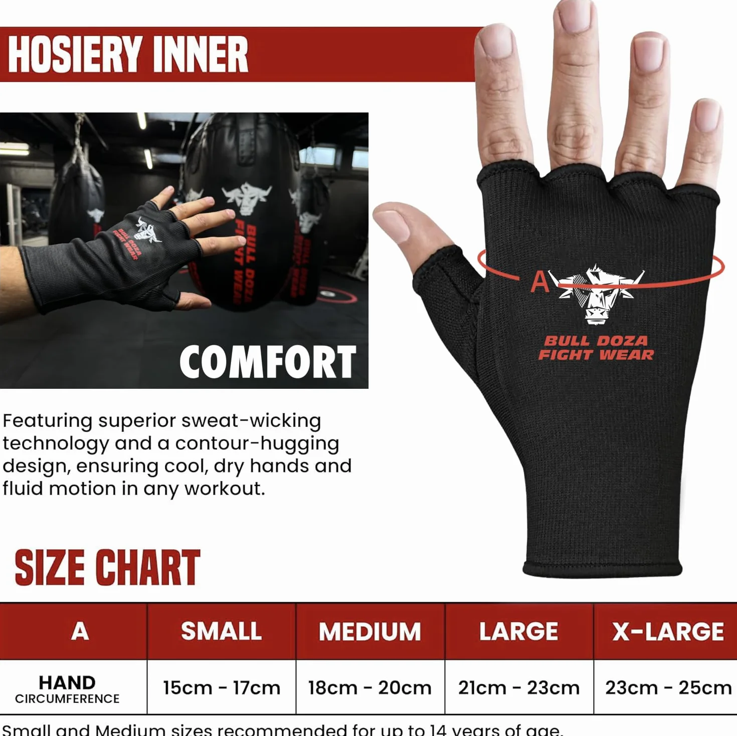 Quatre Tailles – Gants de Boxe pour Boxe – Demi-Doigt élastique sous Les Gants de Protection Contre Les odeurs – Idéal pour MMA, Muay Thai, Kickboxing, Arts Martiaux, Sports de Combat