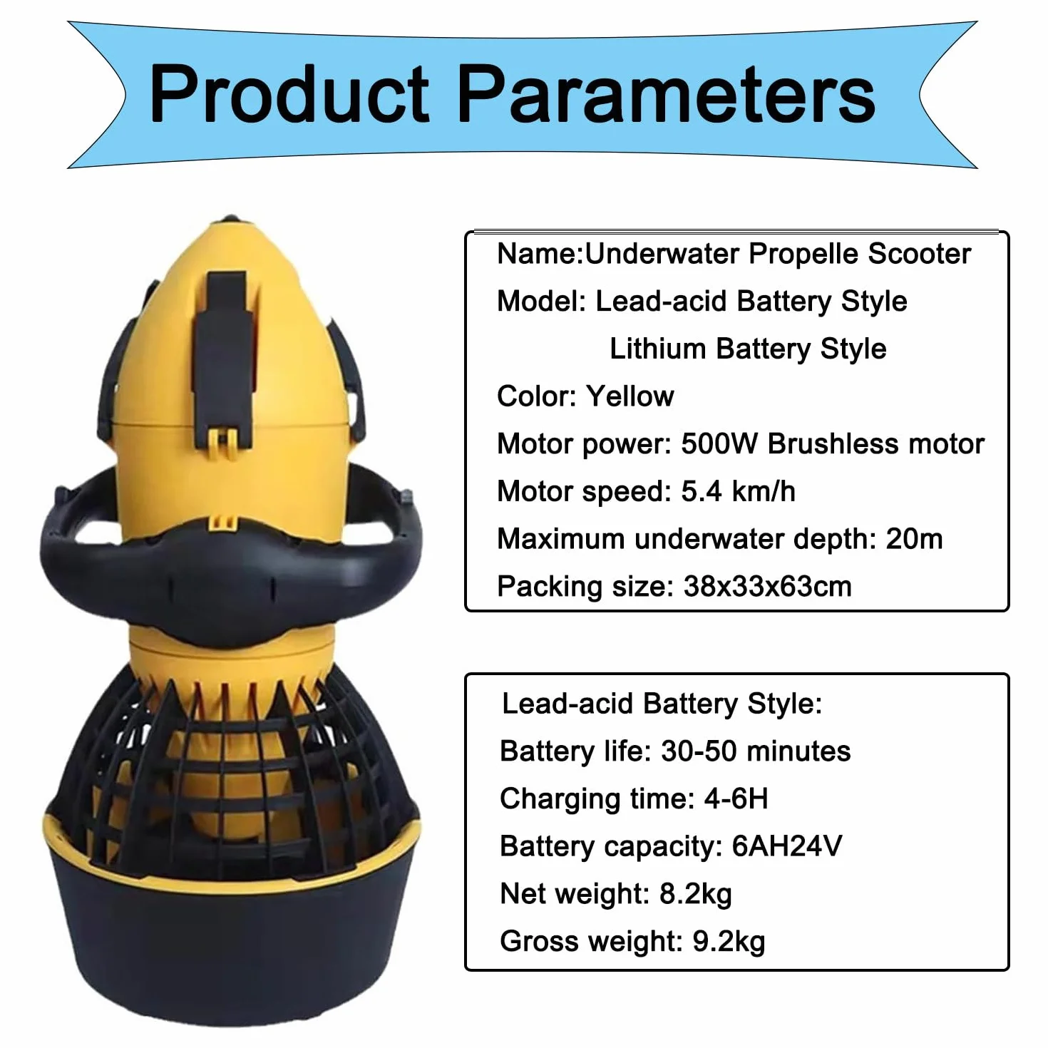 Scooter sous-Marin, Scooter des Mers,Scooter sous-Marin 500 W,Propulsion à Grande Vitesse,Profondeur Maximale 20 mètres,pour Sports Nautiques,Piscine,Leadacidbattery