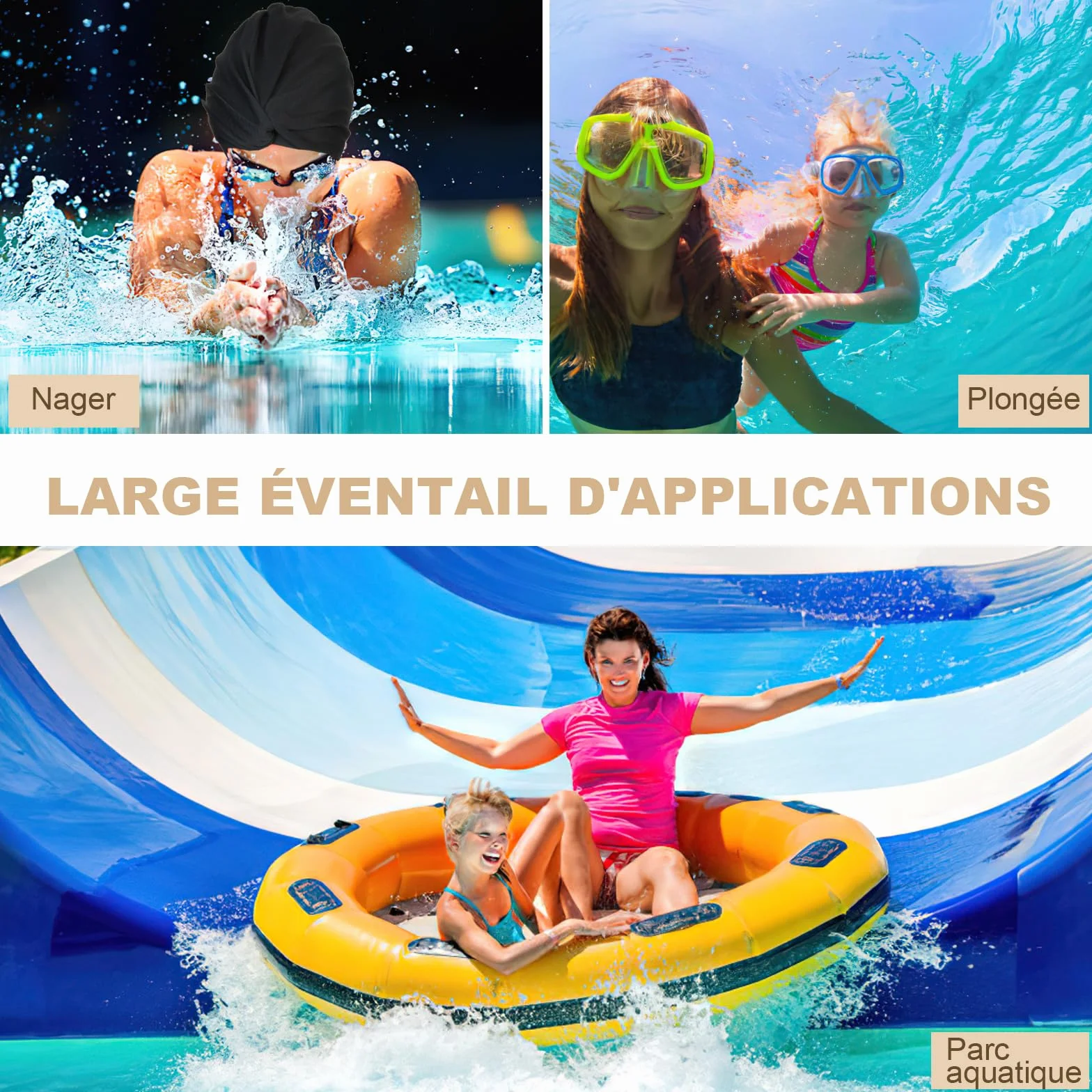 Bonnet de Bain Piscine Femme Tissu Extensible Cheveux Long Adulte