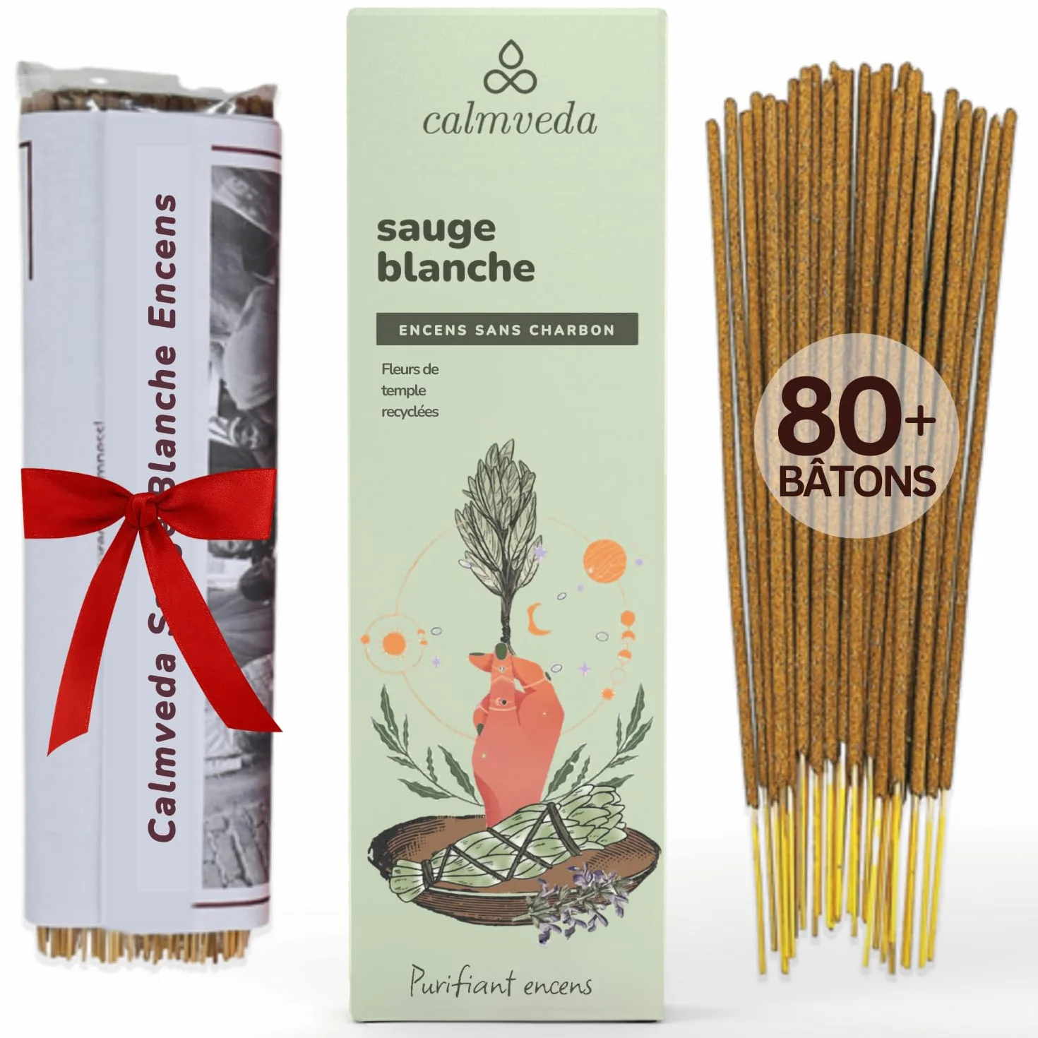 Calmveda Bâtons d'Encens à la Sauge Blanche 80 pièces pour Nettoyage – Protection Énergétique
