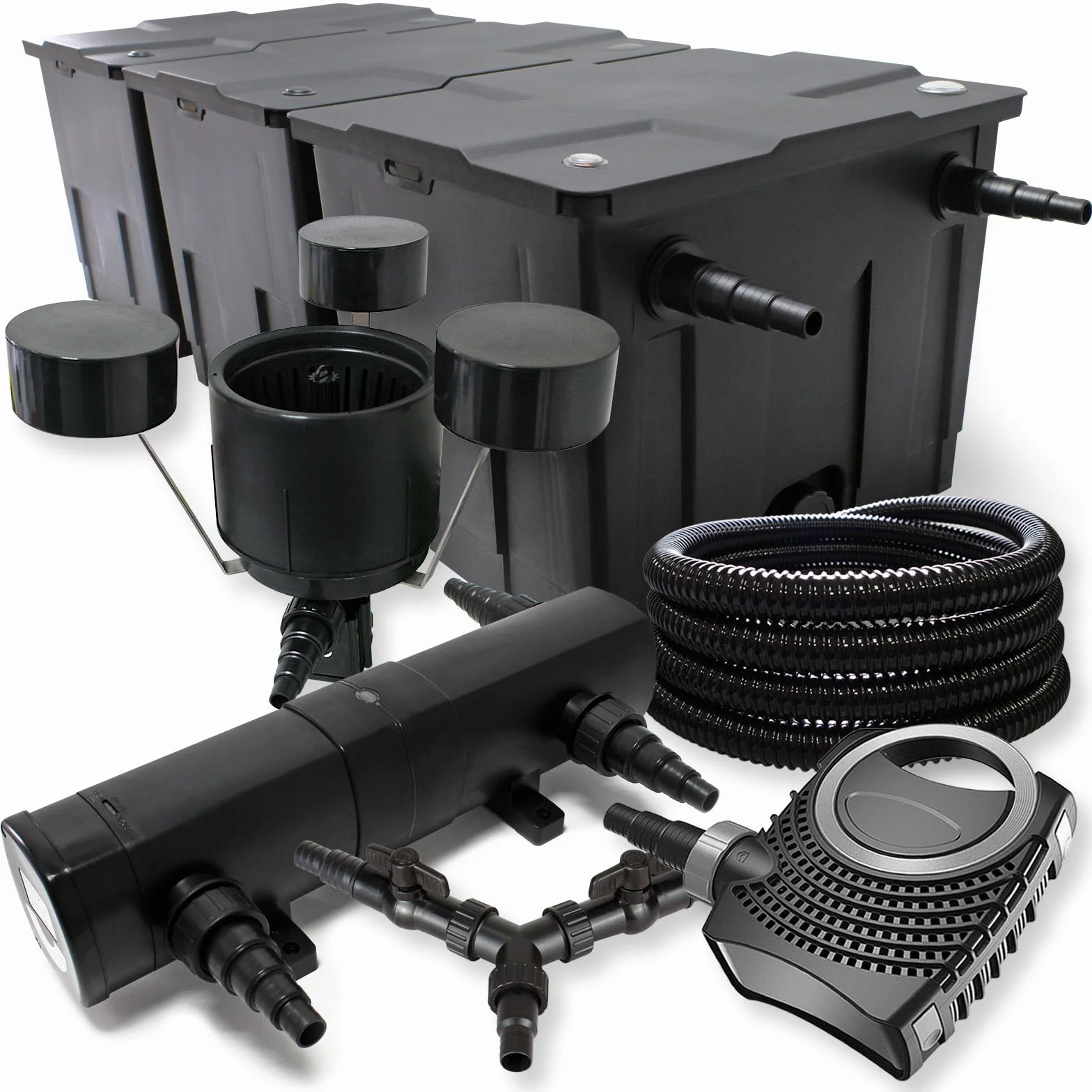 SunSun Kit complet CBF-350C filtre bassin 90000L CTF-8000 pompe 8000l/h 70W CUV-236 lampe UV 36W 25m tuyau 25mm CSP-250 écumeur 2500l/h 45W
