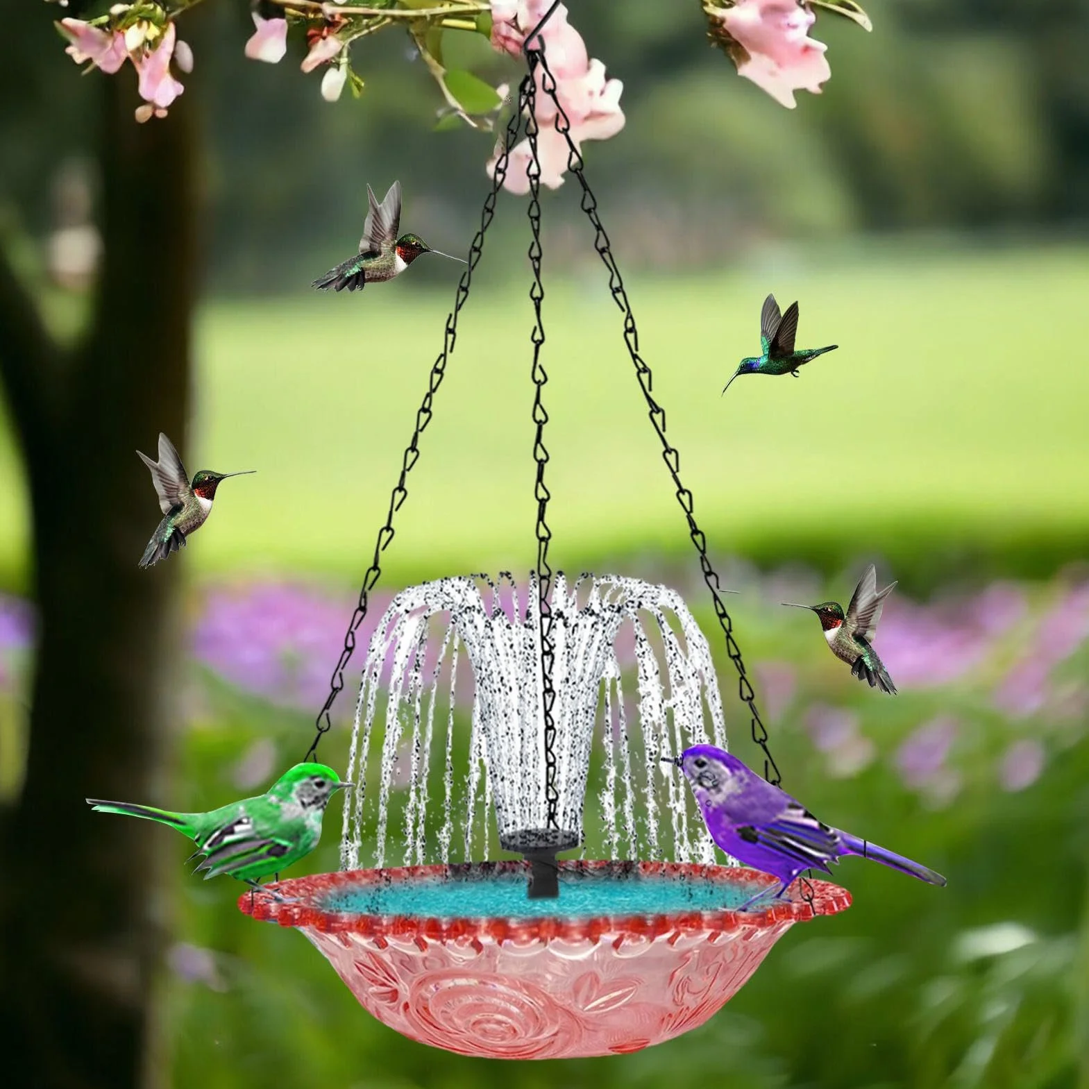 Bain d'oiseaux d'extérieur avec pompe solaire, fontaine décorative pour colibri rouge-gorge moineau