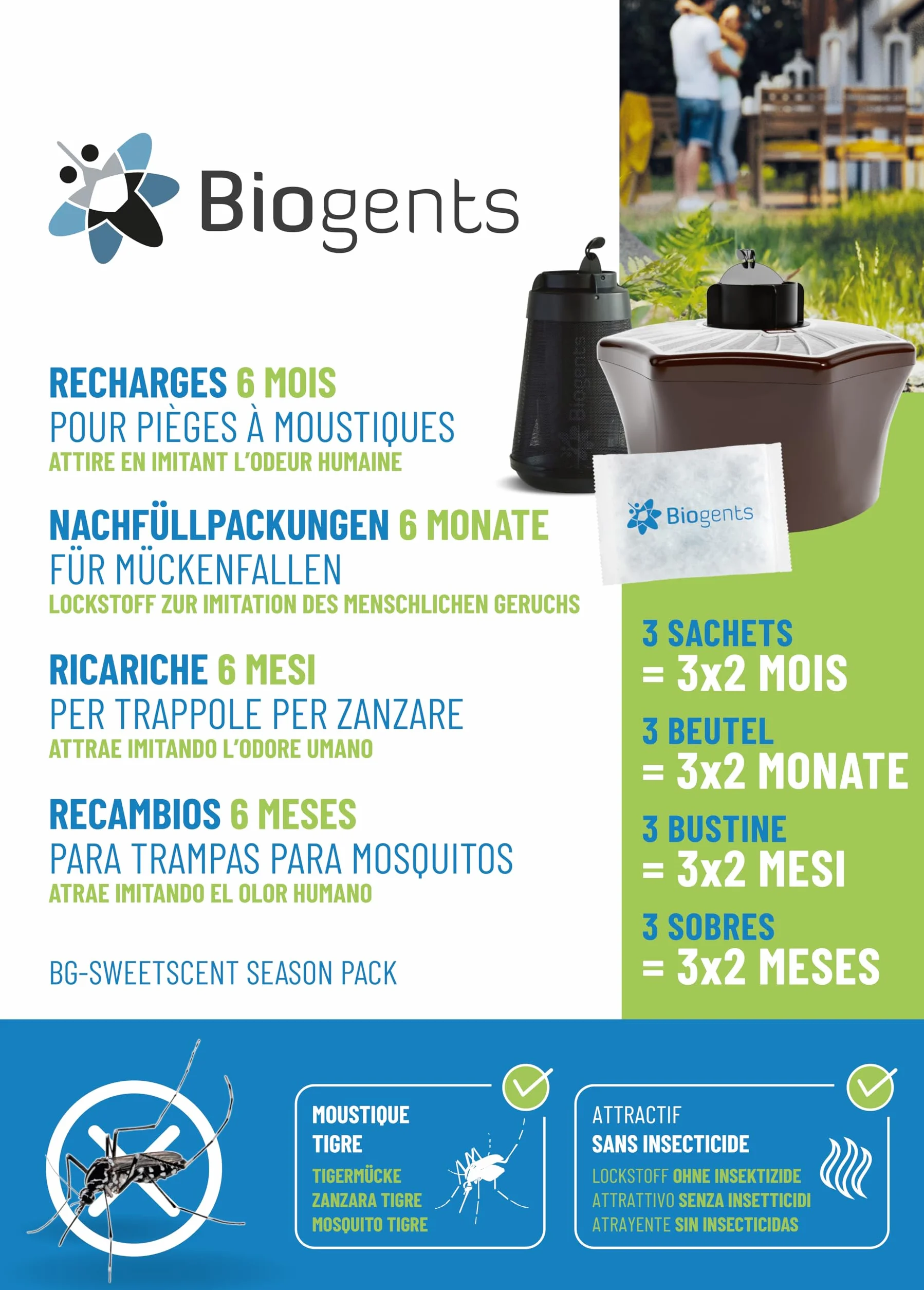 BIOGENTS BG-MOSQUITAIRE Anti-Moustiques Extérieur Piège Recharge 6 Mois Pack Saison BG-SWEETSCENTX3