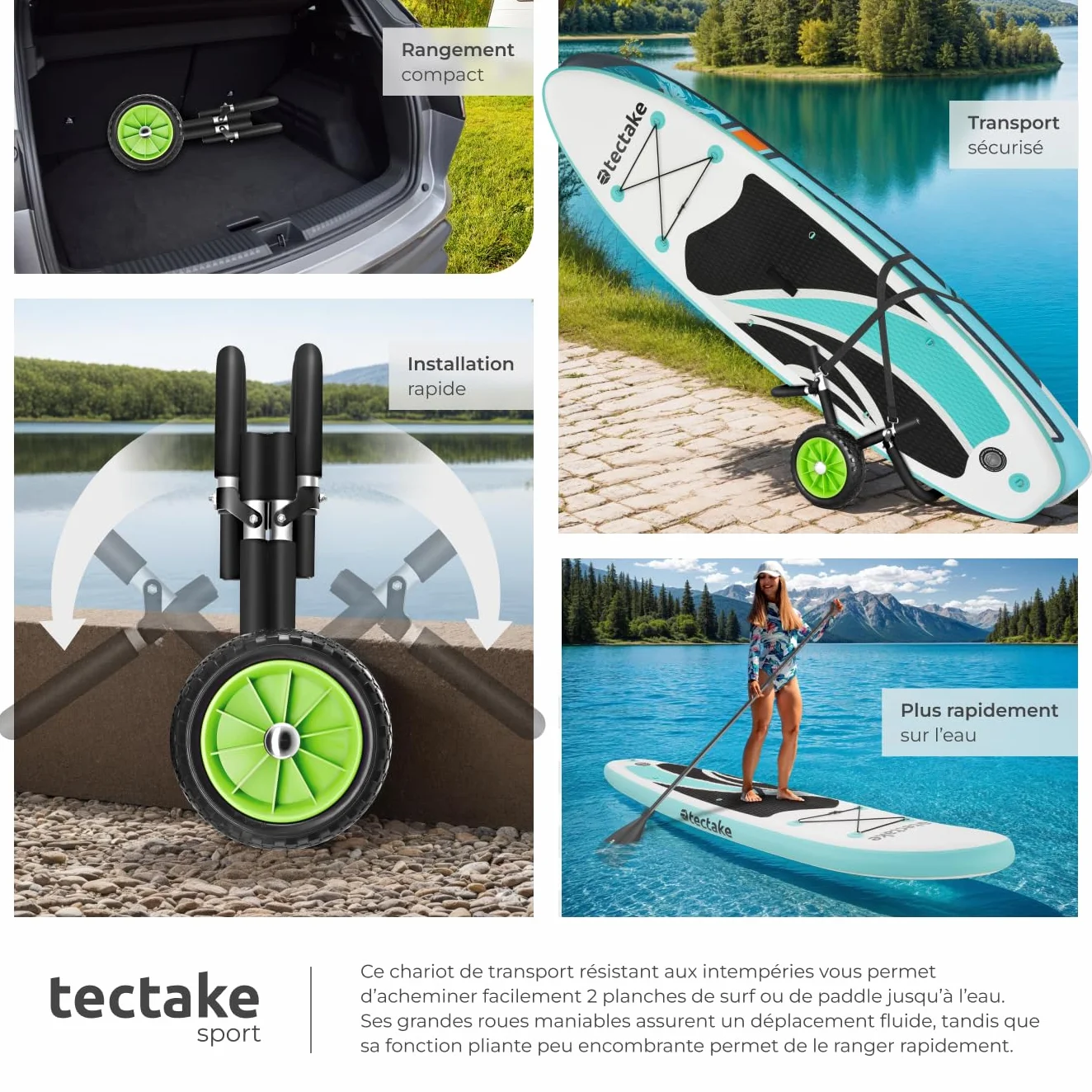 tectake® Chariot de Transport Pliable Double pour Paddle Gonflable, Stand up Paddle, Planche de Surf, Cadre en Aluminium Inoxydable, Pneus profilés, Max. 45 kg