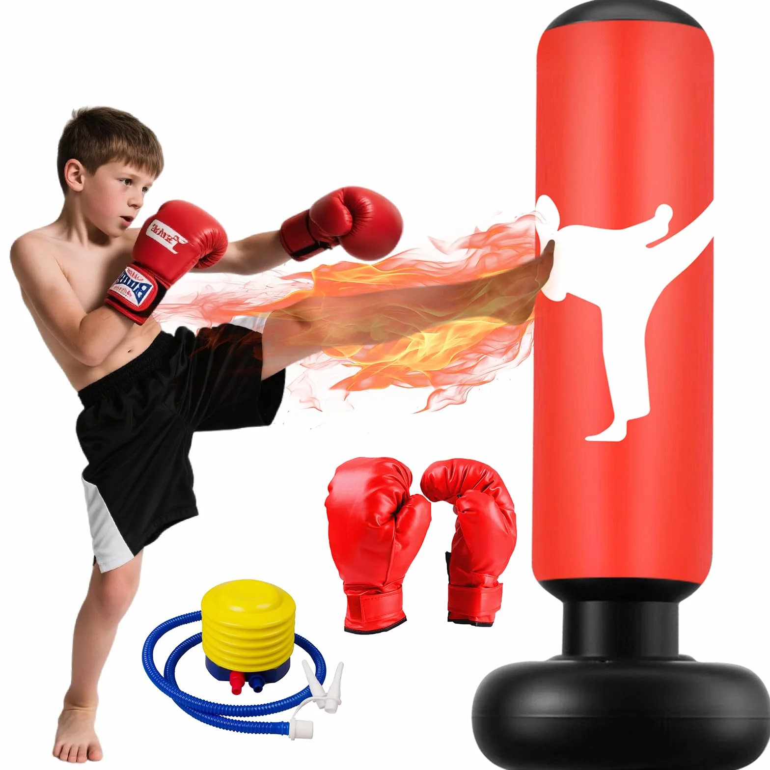 Sac de Frappe Enfant, 160cm Sac de Boxe avec Gants et Pompe, Gonflable Punching Ball Enfants pour Taekwondo Karaté, 3-12 Ans Cadeaux pour GarçOns et Filles Set de Boxe pour Bureau,Gym