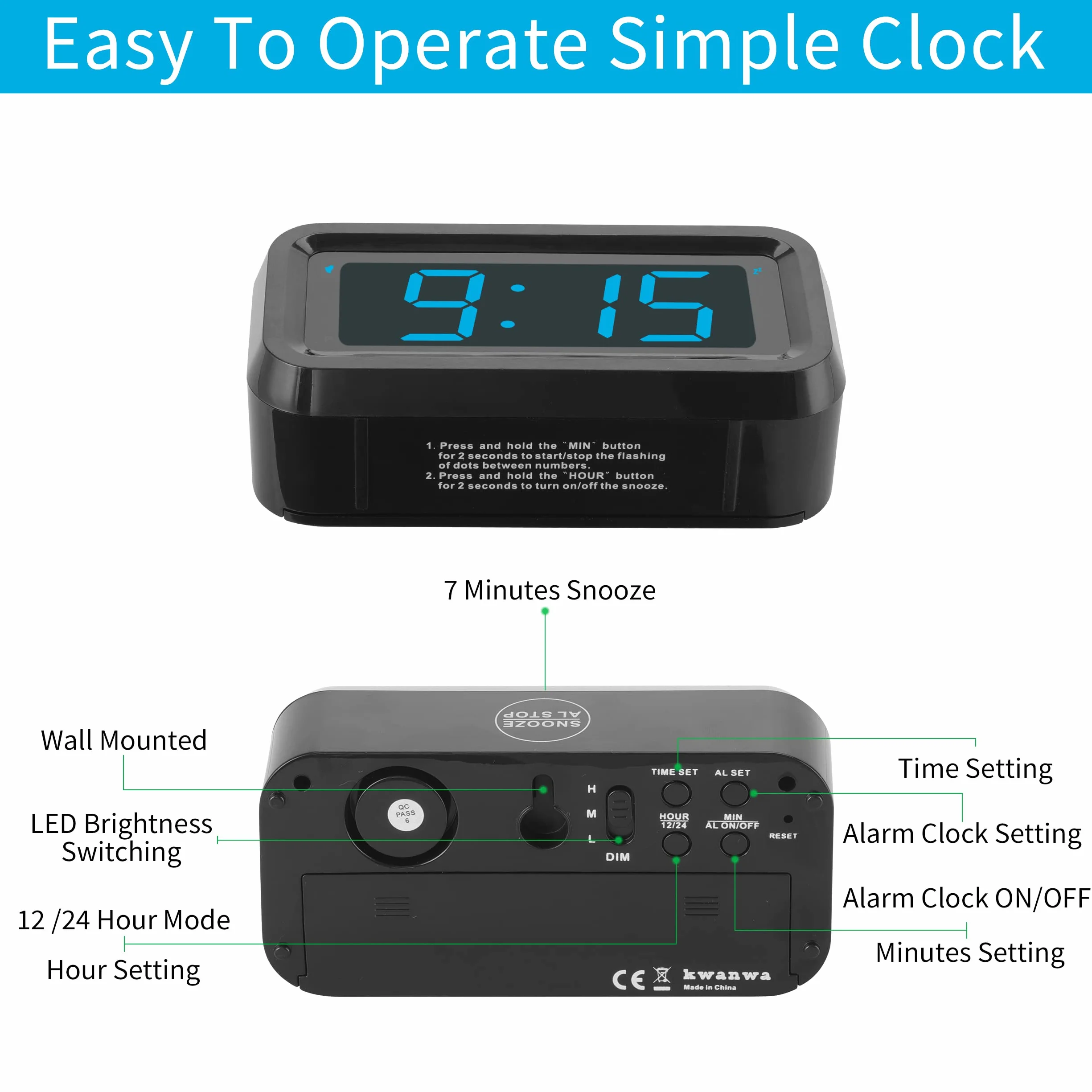 KWANWA Réveil Numérique à Piles, Horloge Avec Luminosité Réglable, Snooze, 12/24H, Gros Chiffres