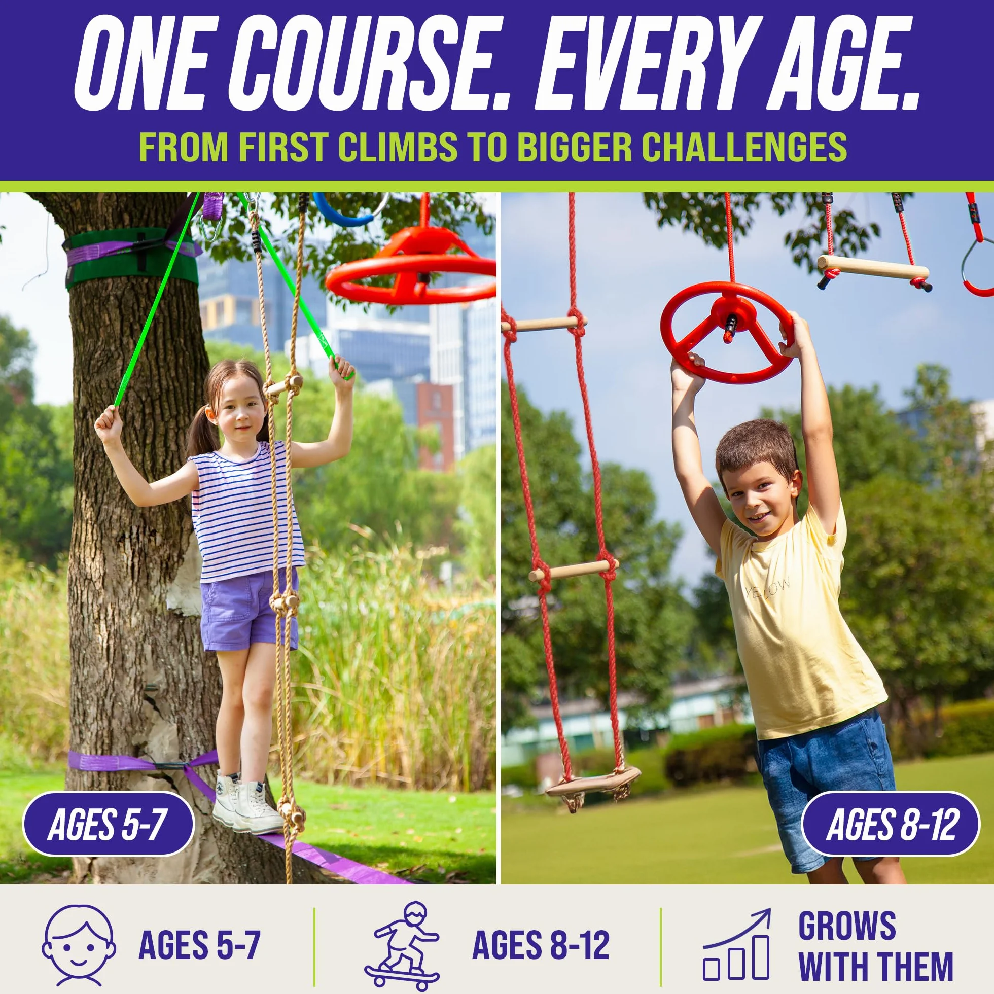 Trailblaze Ninja Warrior Slackline Kit Parcours d'obstacles pour Enfants | Slacklines avec Cliquet,balangoire, Anneaux, Échelle De Corde | Équipement De Jeu Extérieur pour Filles Et Garçons