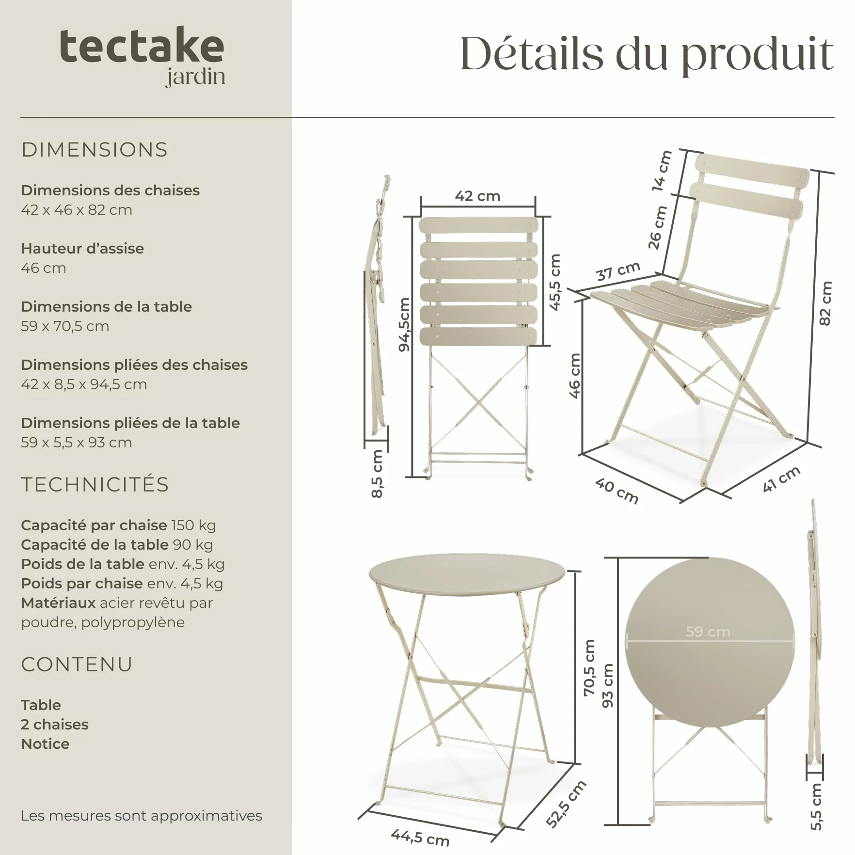 Ensemble Table Ronde et Chaises Pliantes de Jardin Acier Époxy 2 Places