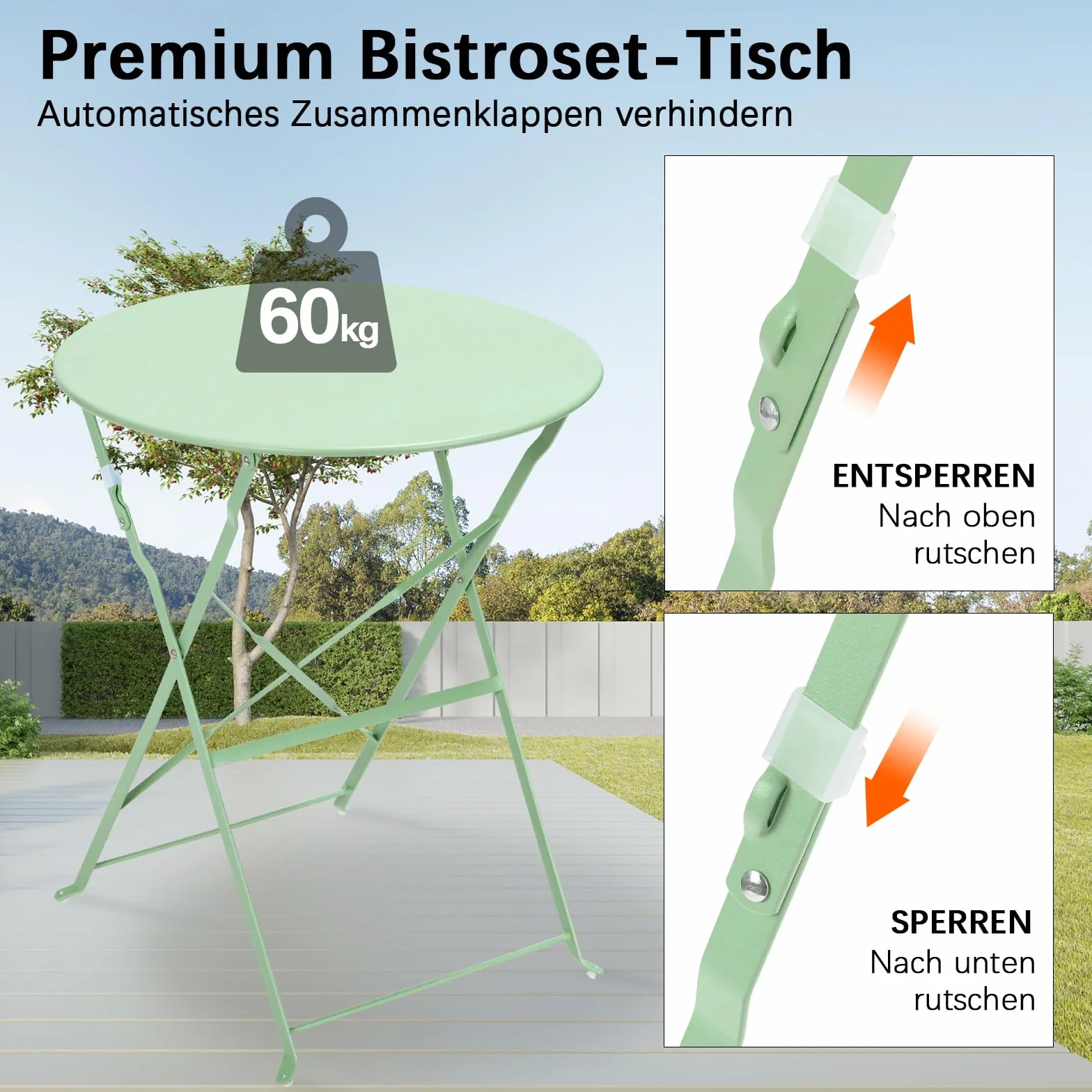LIFERUN Salon de Jardin Bistrot Pliable, Set de Bistrot en Métal, Table et 2 Chaises Pliantes, 3 Pièces, Vert