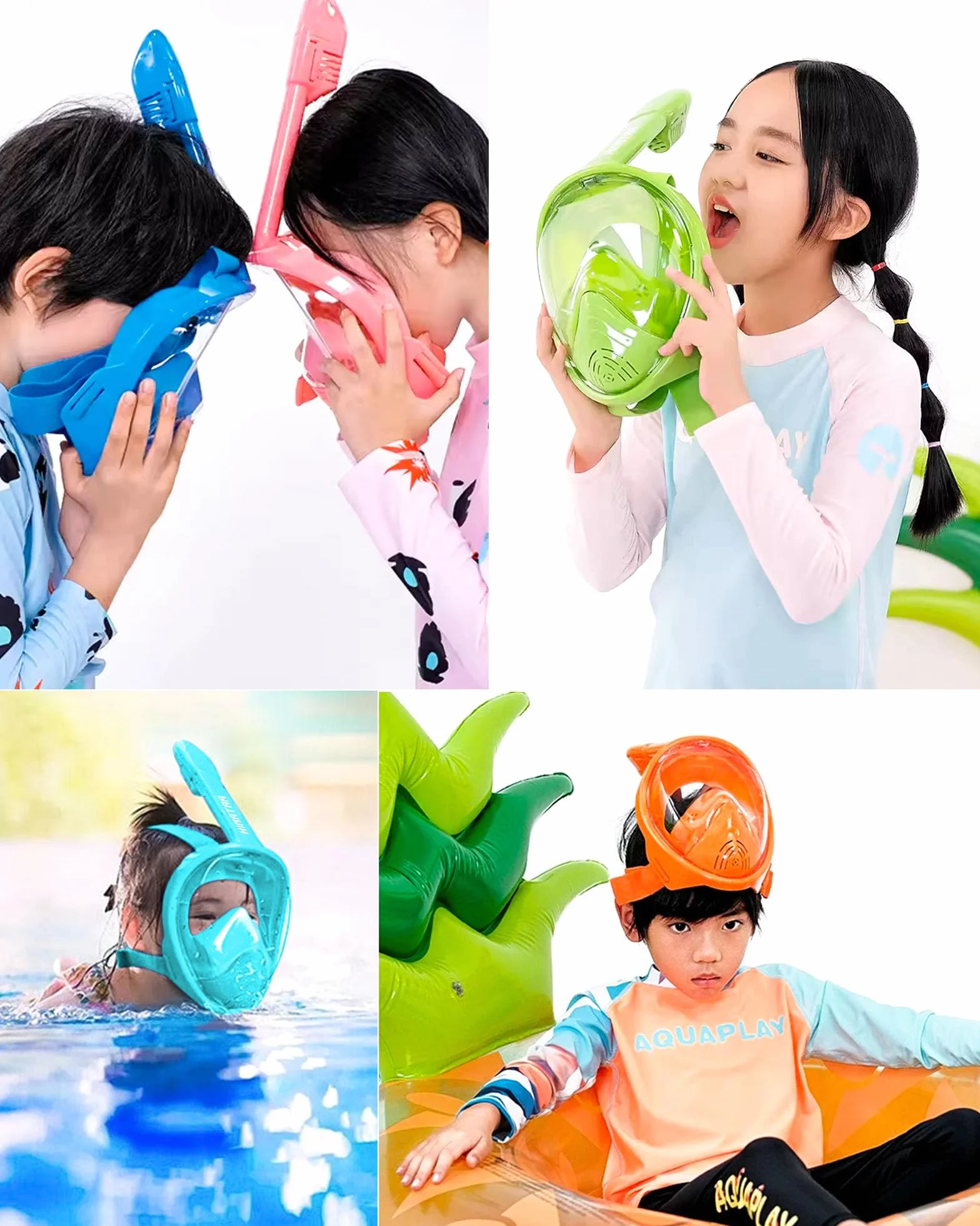 Masque de Plongée Enfant Apnée,Anti-Etouffement Masque Plongée Intégral,180°Anti-Buée Anti-Fuite Masque Snorkeling,Lunettes Plongée Débutants 4-12Ans Fille Garçon