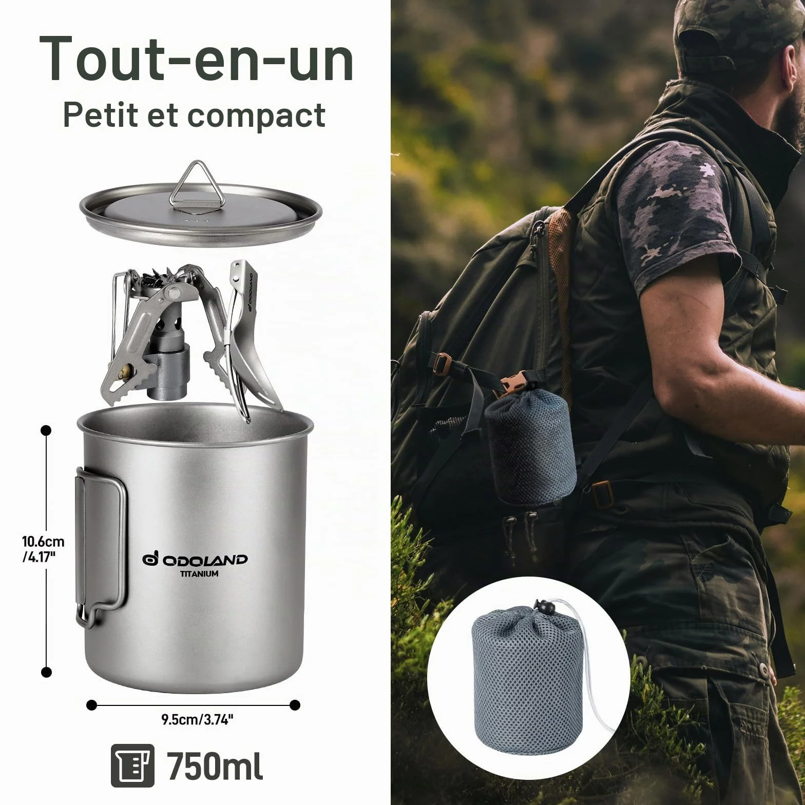 Odoland Tasses en titane de 750 ml, mini réchaud en titane ultra léger de 1900 W, tasse à café de camping avec couvercle et spork, poignée pliable pour camping, randonnée, voyage et trekking