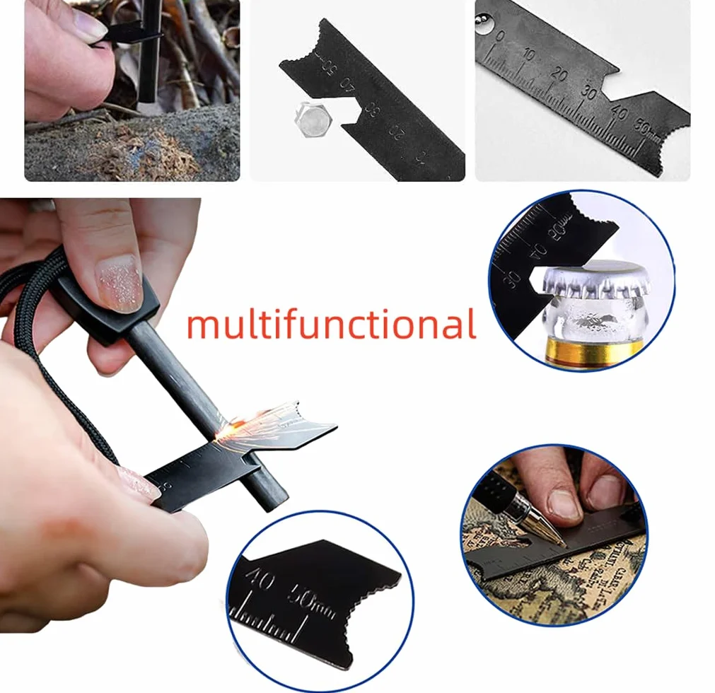 Pierre à Feu Briquet Silex Magnésium Briquet Kit Fire Steel Allume Feu Survie Inclu Grattoir Multi Outils Et Sifflet 20000 Gerbes D'étincelles pour Randonnée Camping Et Bushcraft Survie Traditionnel