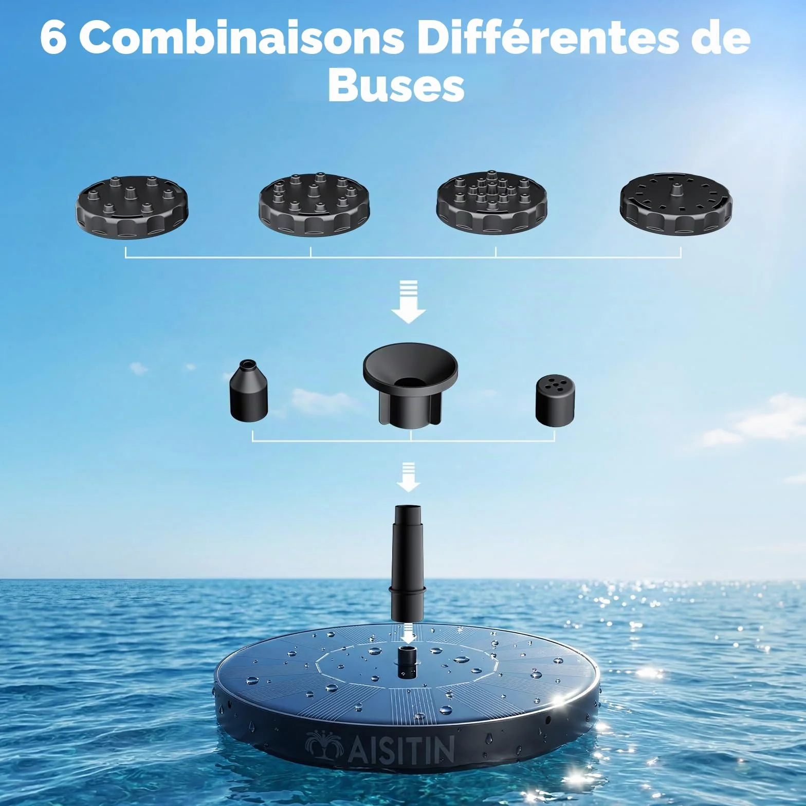 Fontaine Solaire Extérieur Flottante Pompe Bassin avec 6 Buses 1,5W pour Bain d'oiseaux Jardin