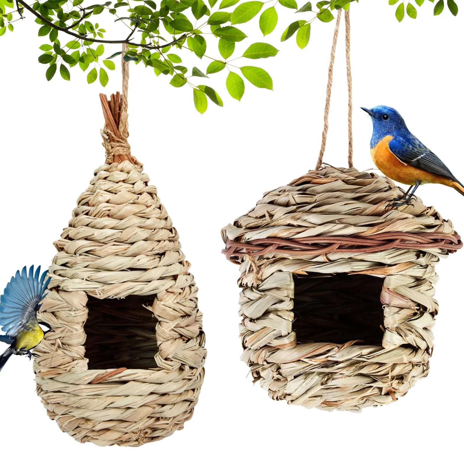 Nichoir Oiseaux Tissé à la Main 2 Pièces Suspendu pour Jardin Colibris Perruche