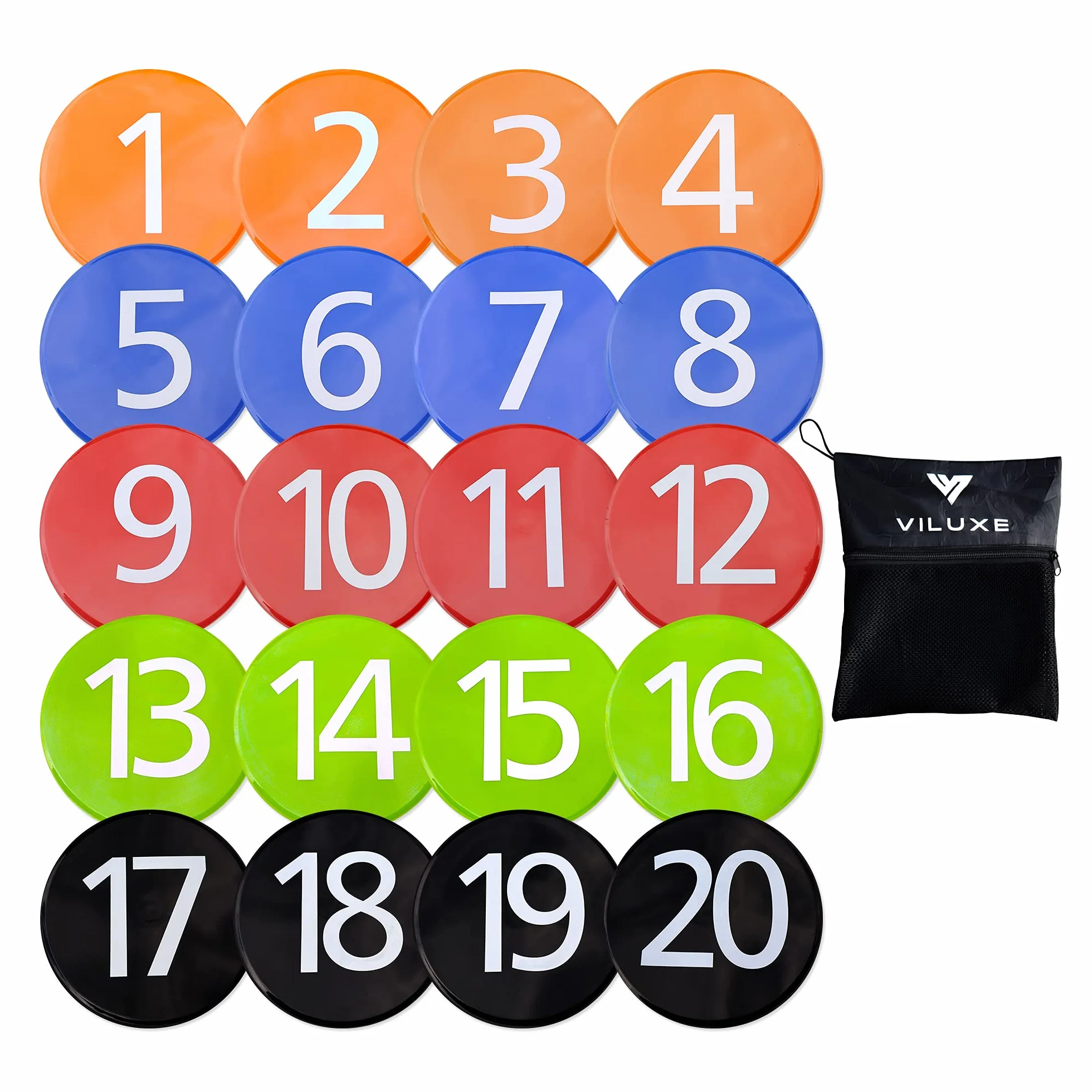 Lot de 20 marqueurs plats numérotés Multicolore PVC diamètre 20 cm avec poignée antidérapante et sac de transport pour football boxe équipement sport