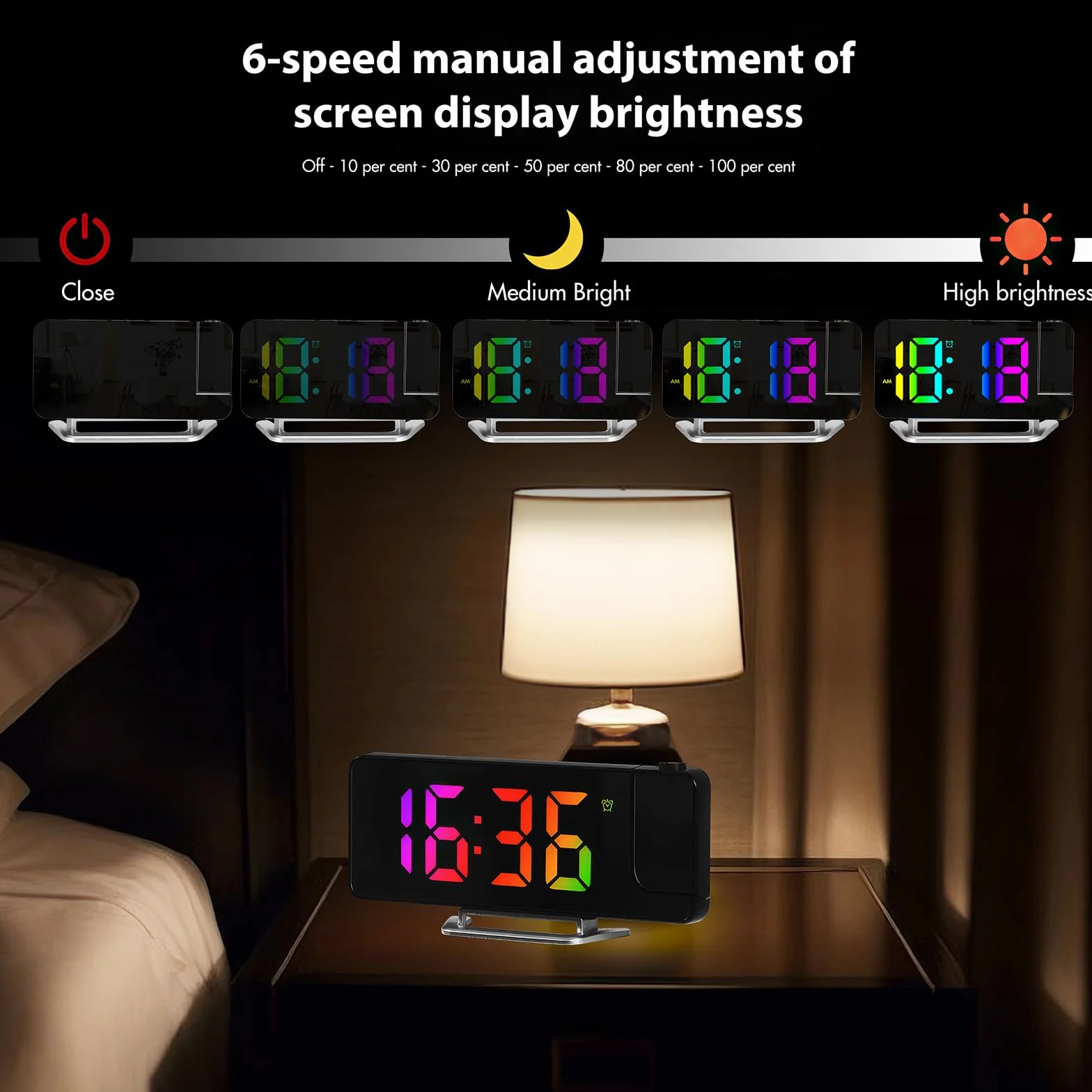 Réveil Projecteur LED 8,1" RGB, Projection Rotative 180°, Double Alarme 12/24H, Recharge USB