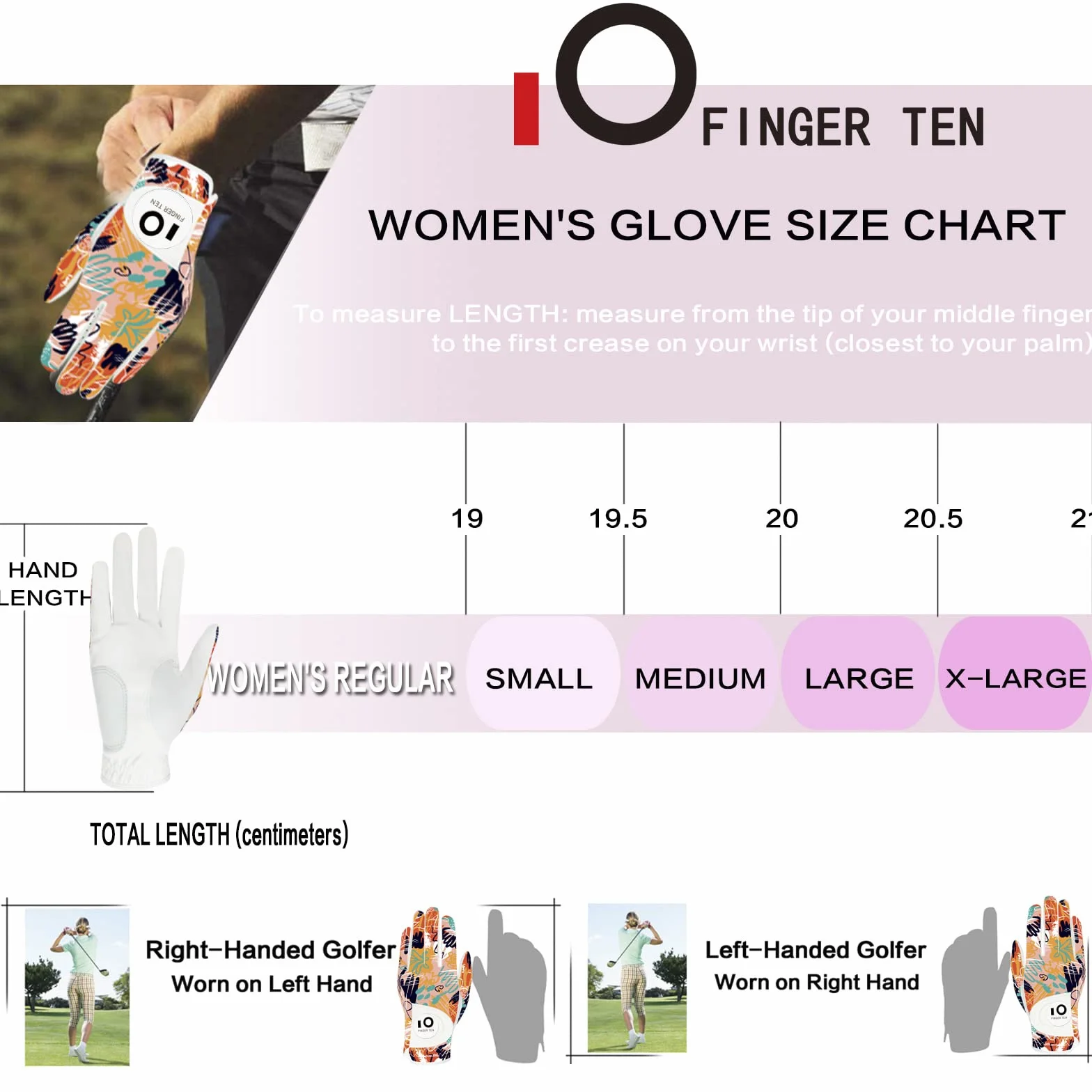 FINGER TEN Gants de Golf Femme Main Gauche Droite Motif Imprimé Respirant Taille S M L XL
