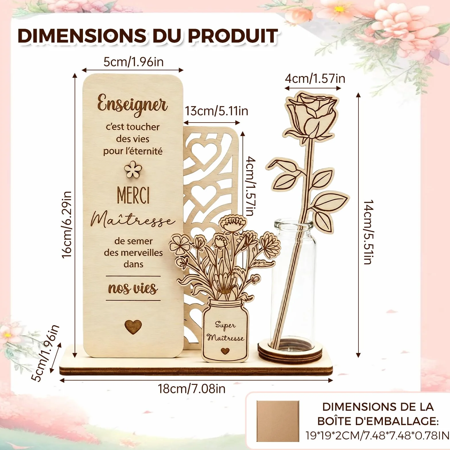 Plaque Décorative En Bois Avec Vase Et Rose Cadeau Maitresse D'École Original Souvenir Merci Maitresse Bureau Classe
