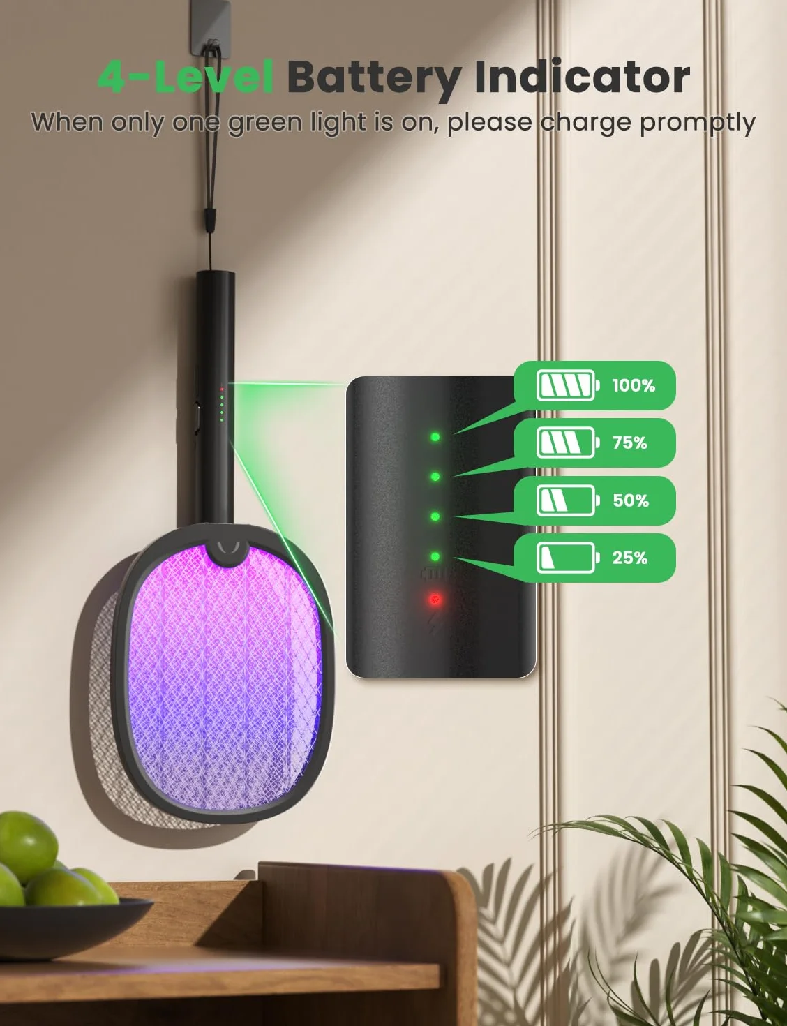 YISSVIC Raquette Electrique Anti Moustiques Pliable 4000V 1800mAh Rechargeable USB-C Noir