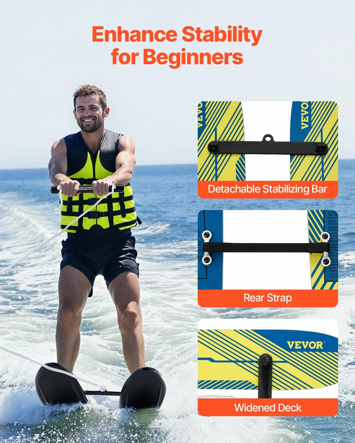 VEVOR Combo Skis Nautiques 116,8 cm, Matériels de Ski Nautique avec Fixations Réglables X-7, Corde à Double Poignée et Barre Stabilisatrice Amovible, Ensemble d'Entraînement pour Sport sur l'eau