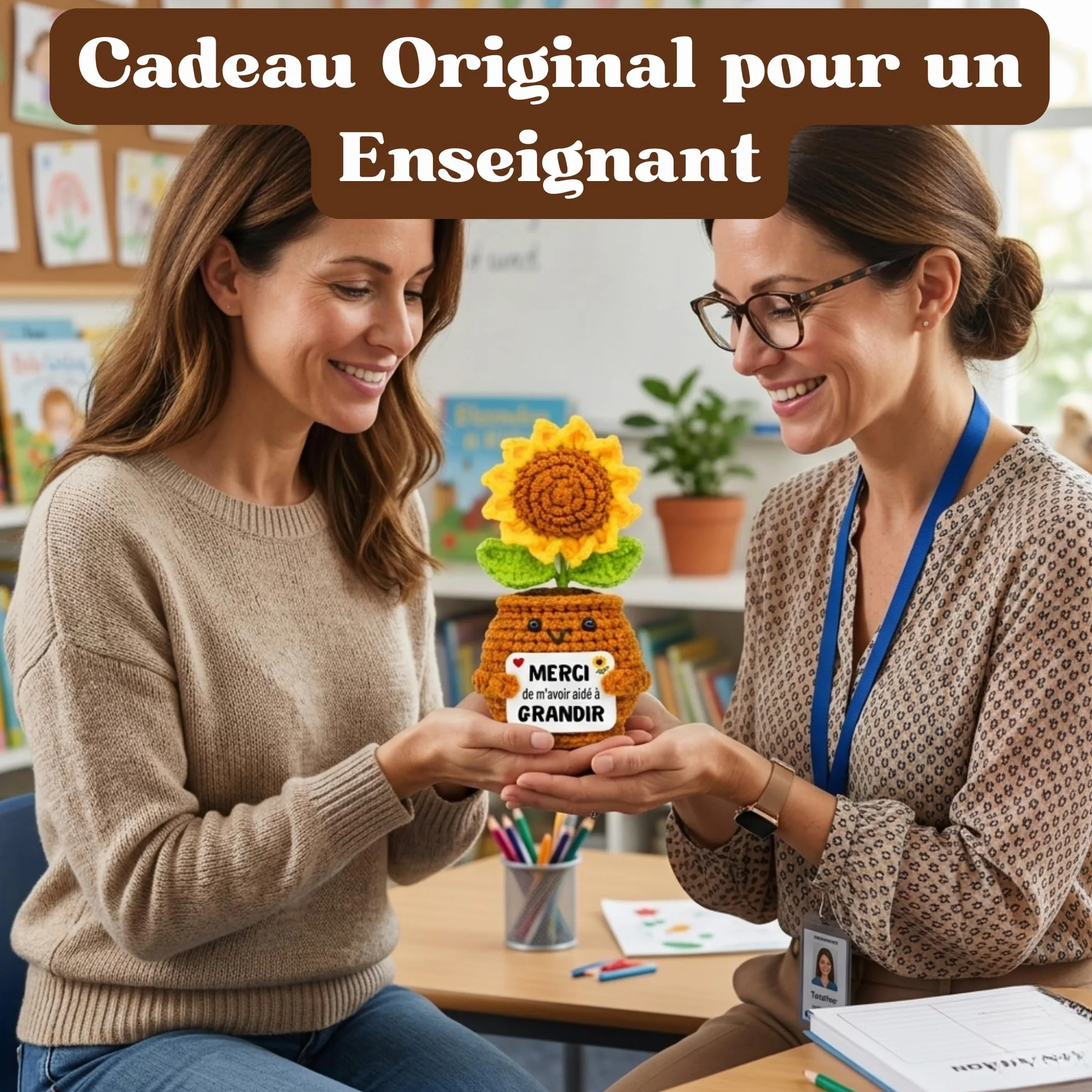 Cadeau Maitresse d’École Tournesol Crochet Merci de m’Avoir aidé à Grandir Fin d’Année Professeur Idée Cadeau Originale Remercier Enseignante