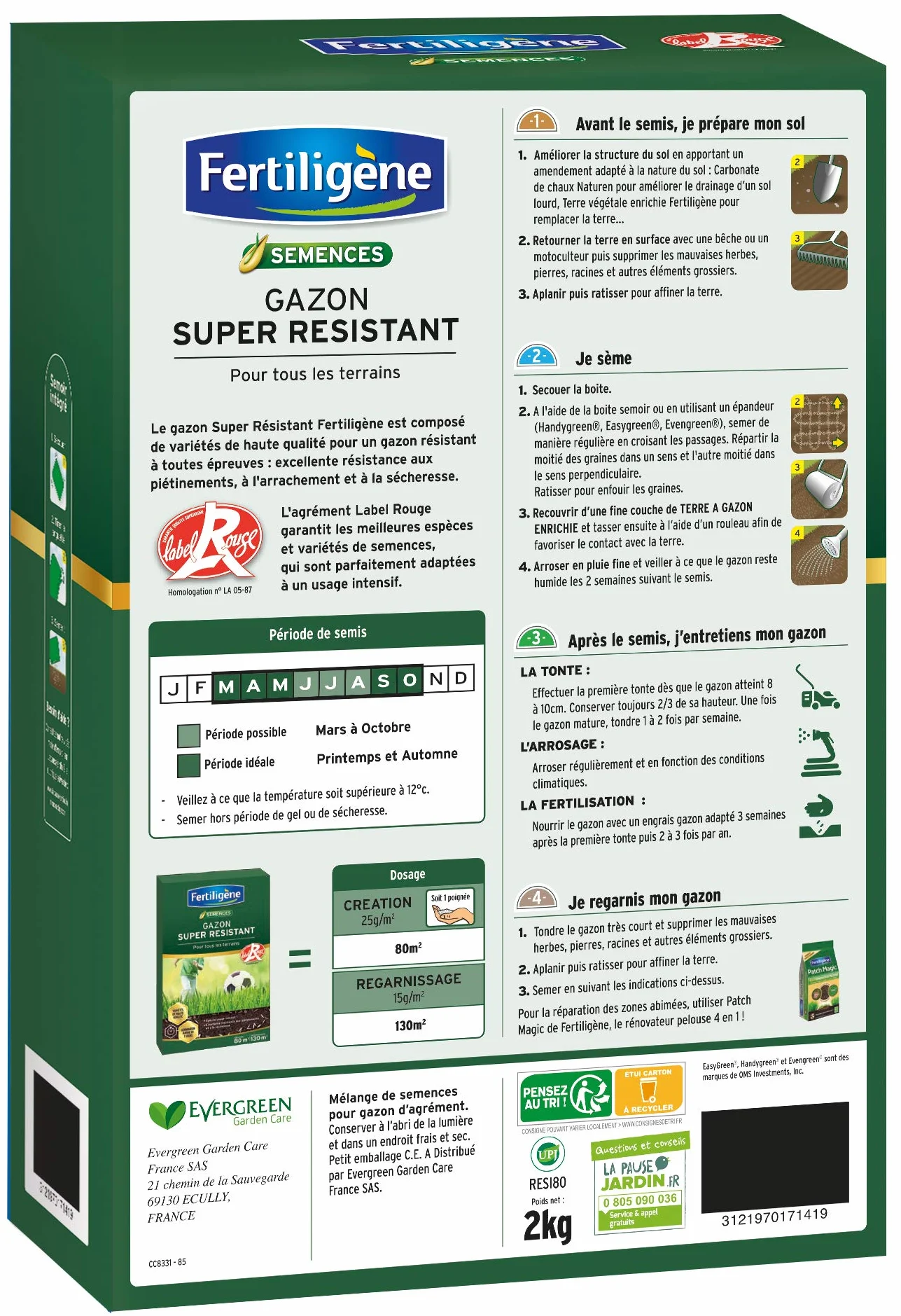 FERTILIGÈNE Gazon Super Résistant Label Rouge 1kg (40m²) – Haute Résistance Piétinement & Sécheresse