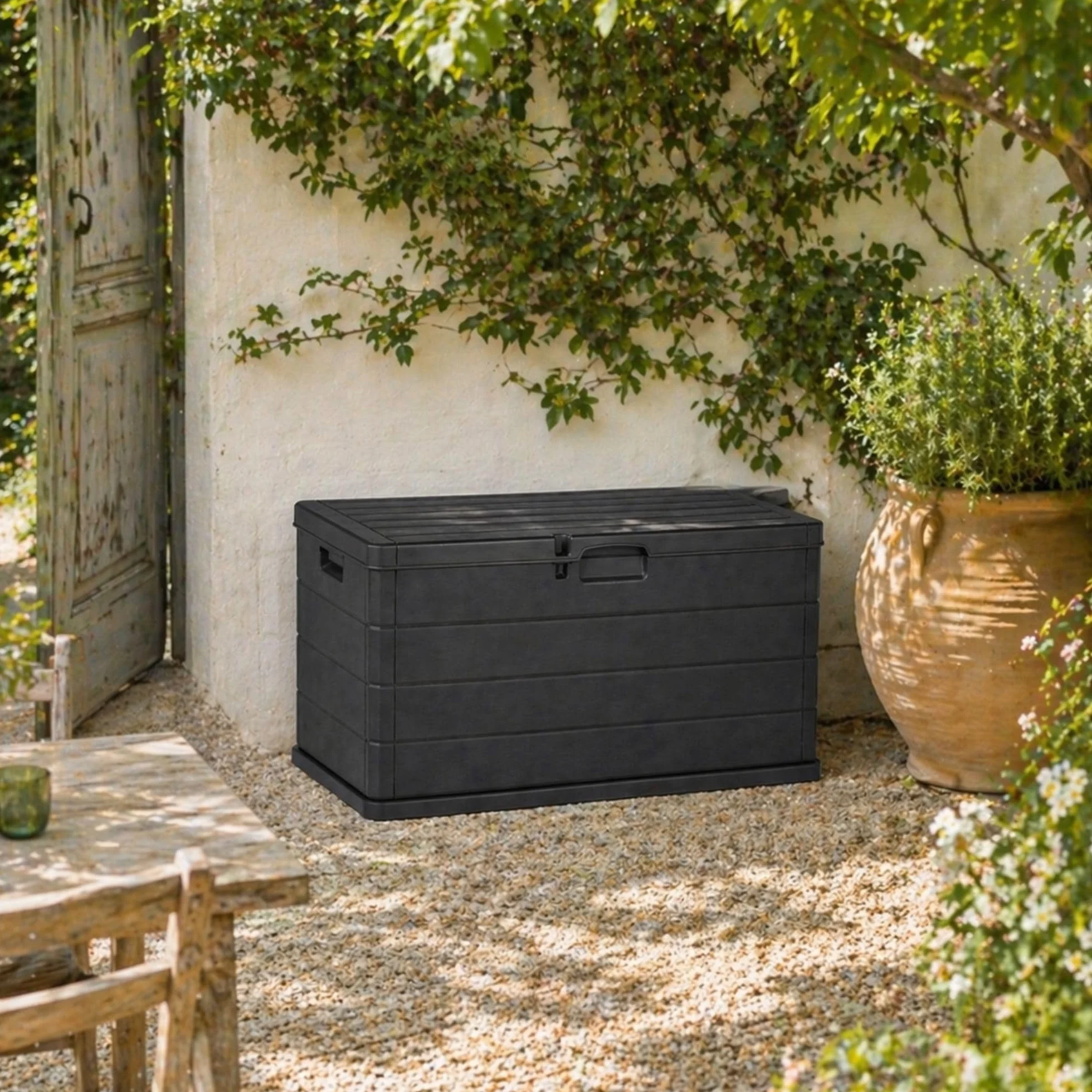 Coffre d'extérieur 340 L effet bois résine anthracite 118 x 59 x 57 cm