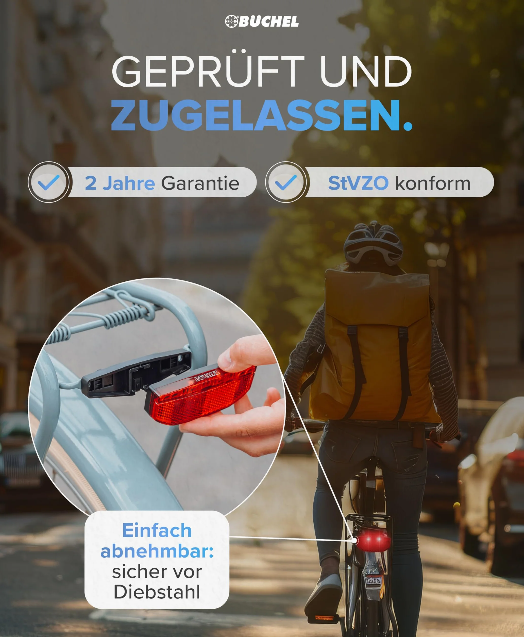 Büchel Feu arrière LED pour porte-bagages – USB-C rechargeable, approuvé StVZO, étanche IPX5, noir