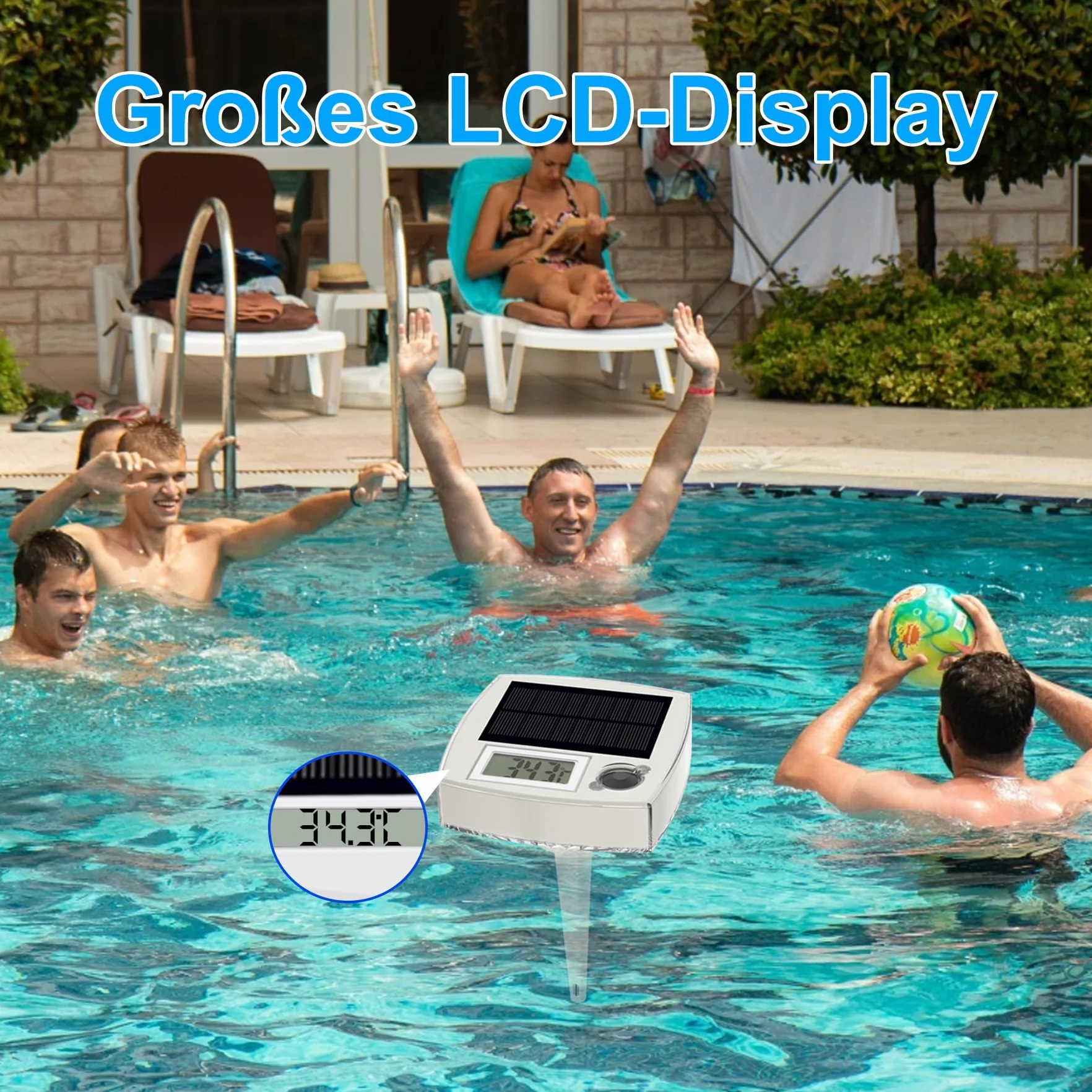 Thermomètre de piscine solaire numérique 2 en 1 avec éclairage LED RVB, grand écran LCD, étanche IP68