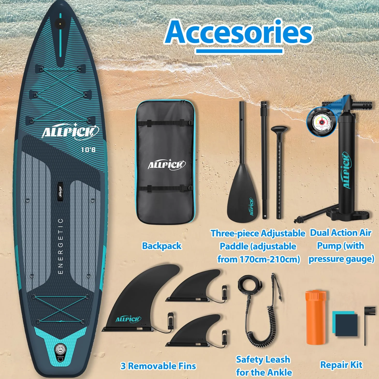 ALLPICK Paddle Gonflable, Kit de Padelsurf de Stand Up Paddle Sup Gonflable de 320 cm, avec Support Universel pour Caméra, Pagaie réglable, Débutants et confirmés, 200 kg