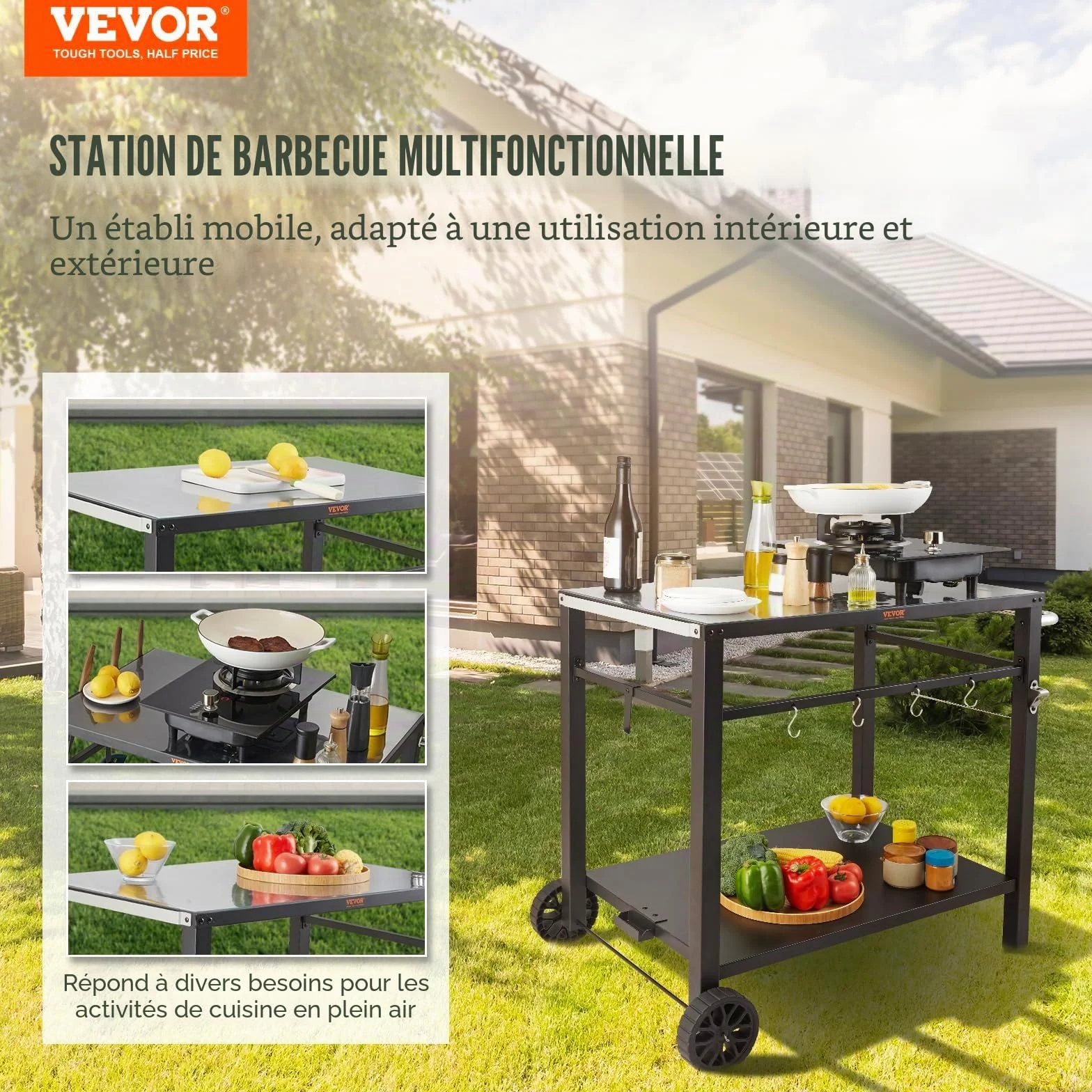 VEVOR Desserte Plancha 2 Niveaux Chariot Barbecue Table sur Roulettes 85x55x83,5 cm
