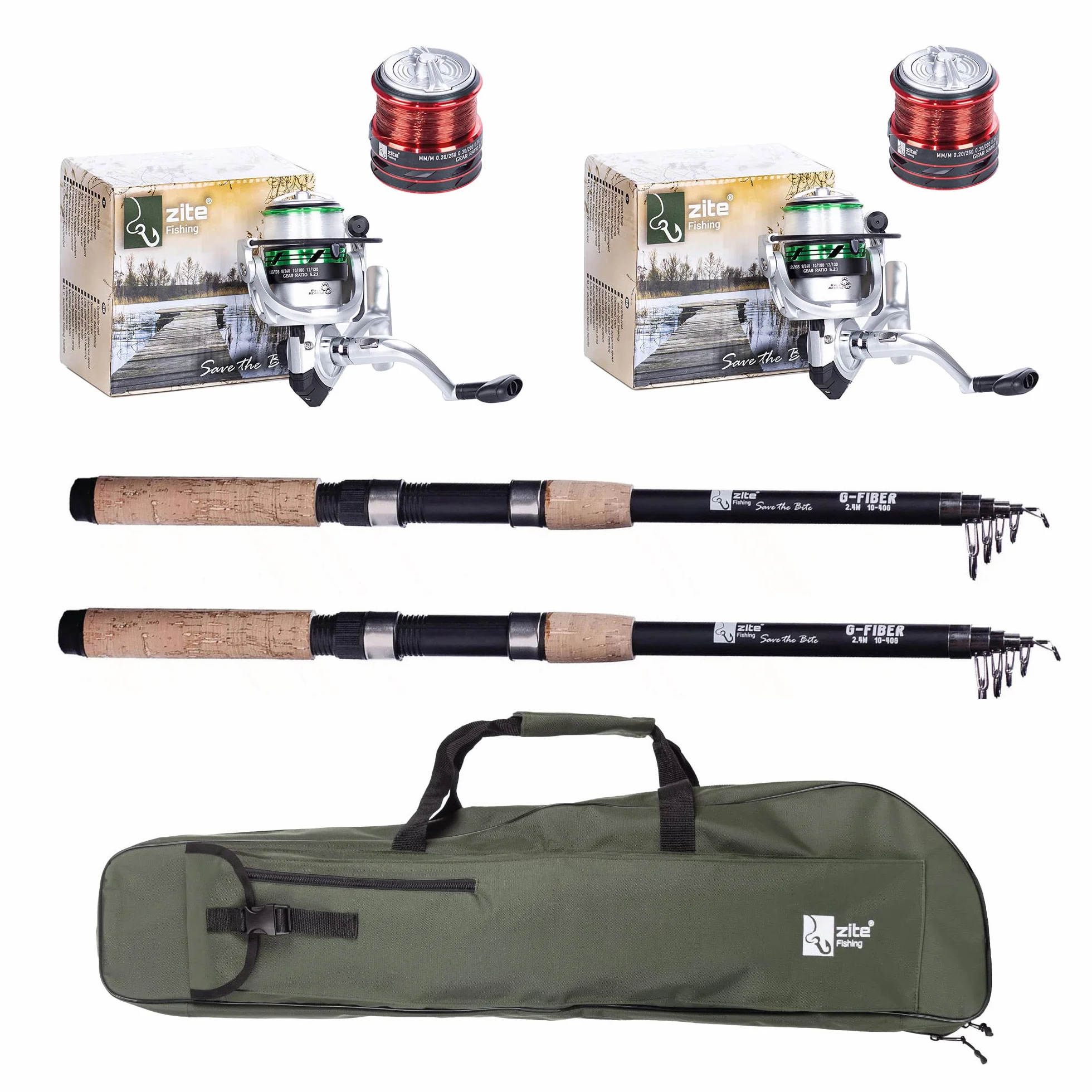 Zite Kit de pêche à la truite 2 cannes télescopiques 2,40 m 2 moulinets bobine aluminium sac 100 cm