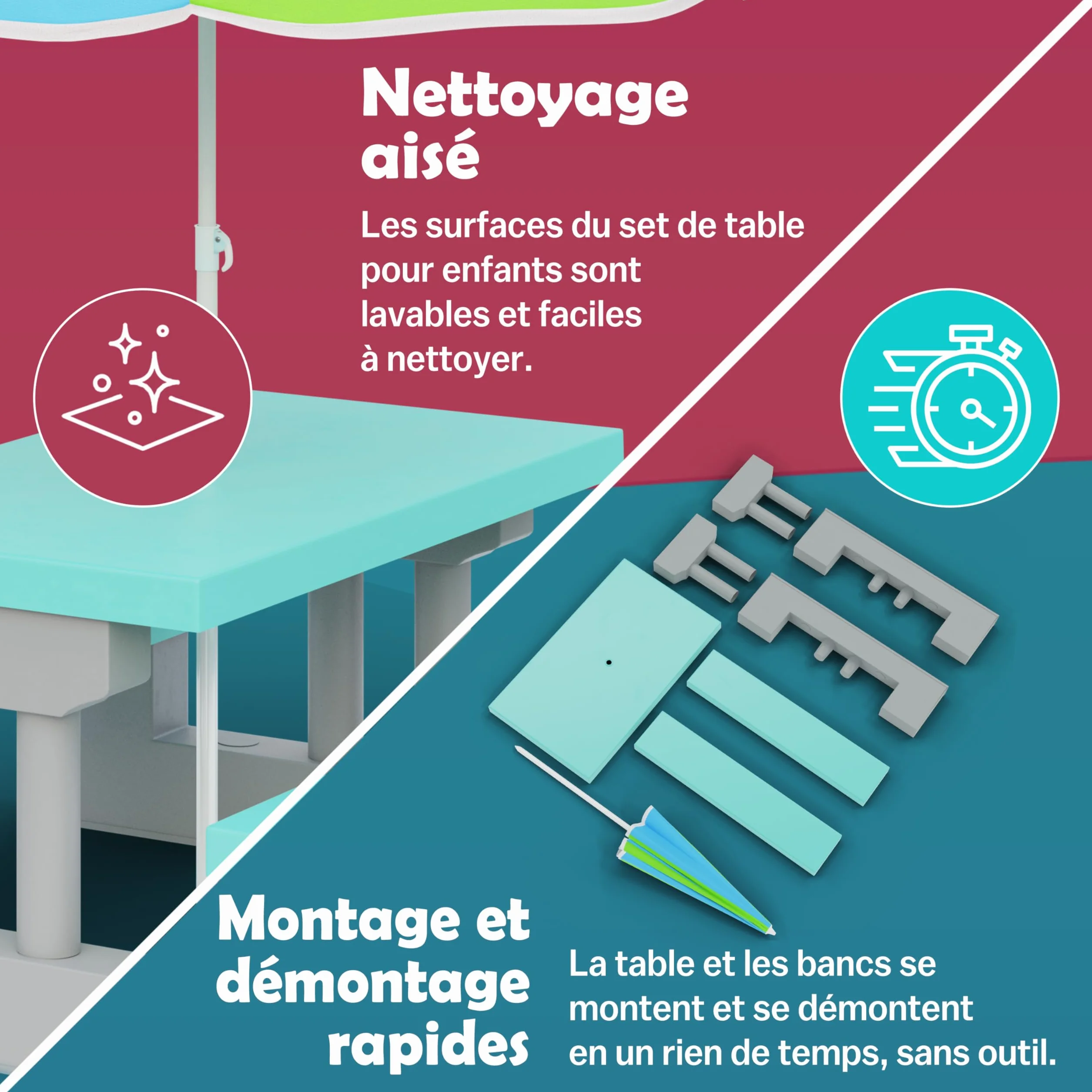 Spielwerk Salon de Jardin pour Enfants Vert Menthe Table Pique-Nique avec Banc et Parasol