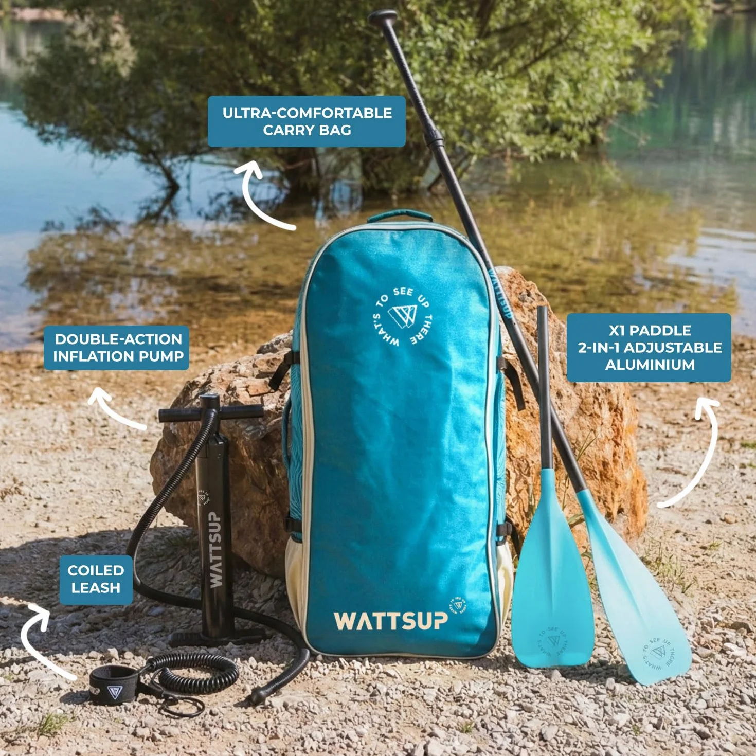 Wattsup - Sup Stand Up Paddle Gonflable - Gamme Essentials - Dropstitch - Pack Complet : Pagaie 2in1 Leash Pompe Sac de Transport