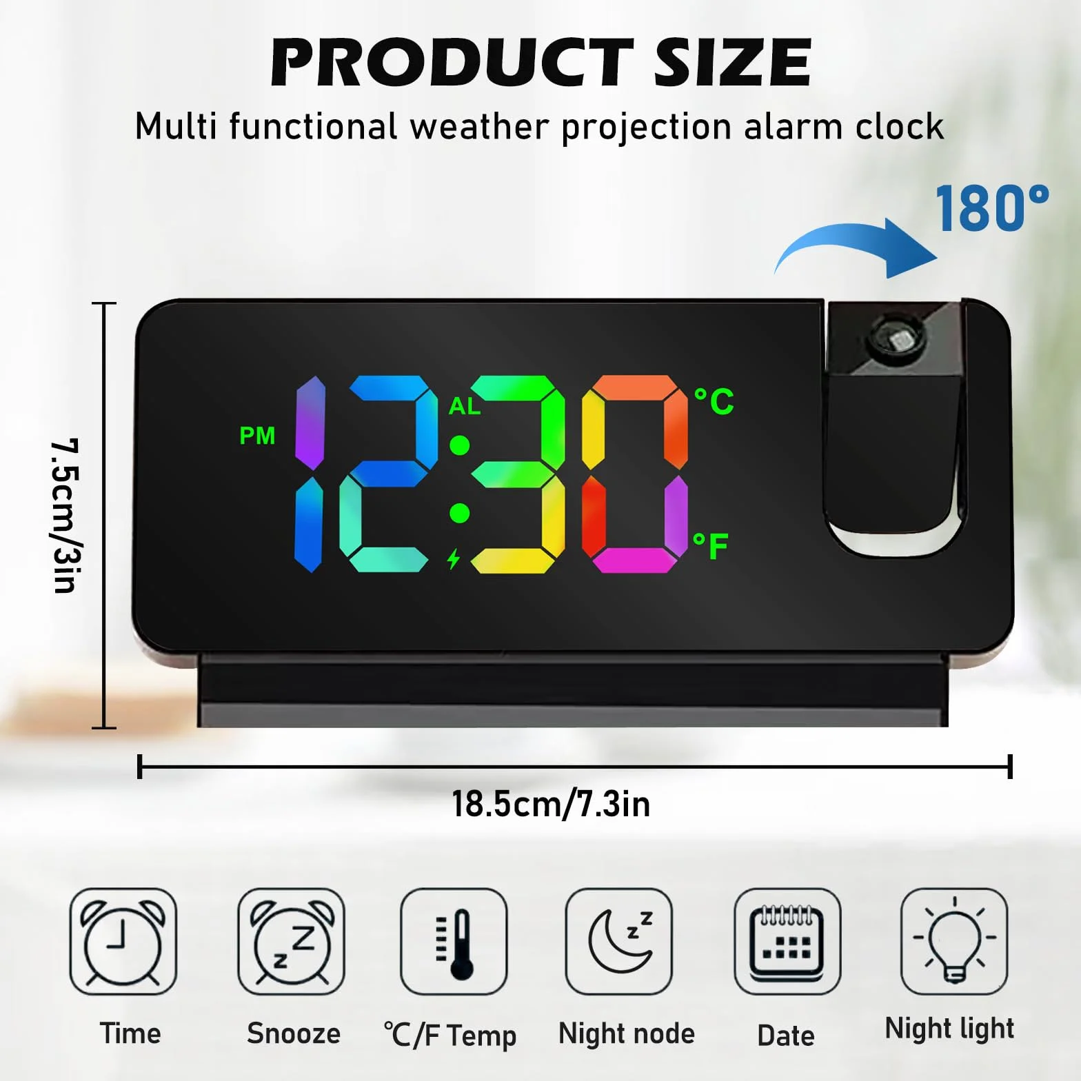 Réveil Projecteur Plafond Numérique LED 180° avec Snooze Température USB