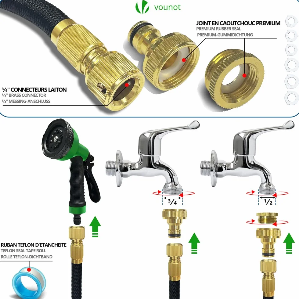 VOUNOT Tuyau d'Arrosage Extensible 15m Renforcé 1/2" 3/4" 10 Modes de Pulvérisation Flexible Anti-Fuite Noir