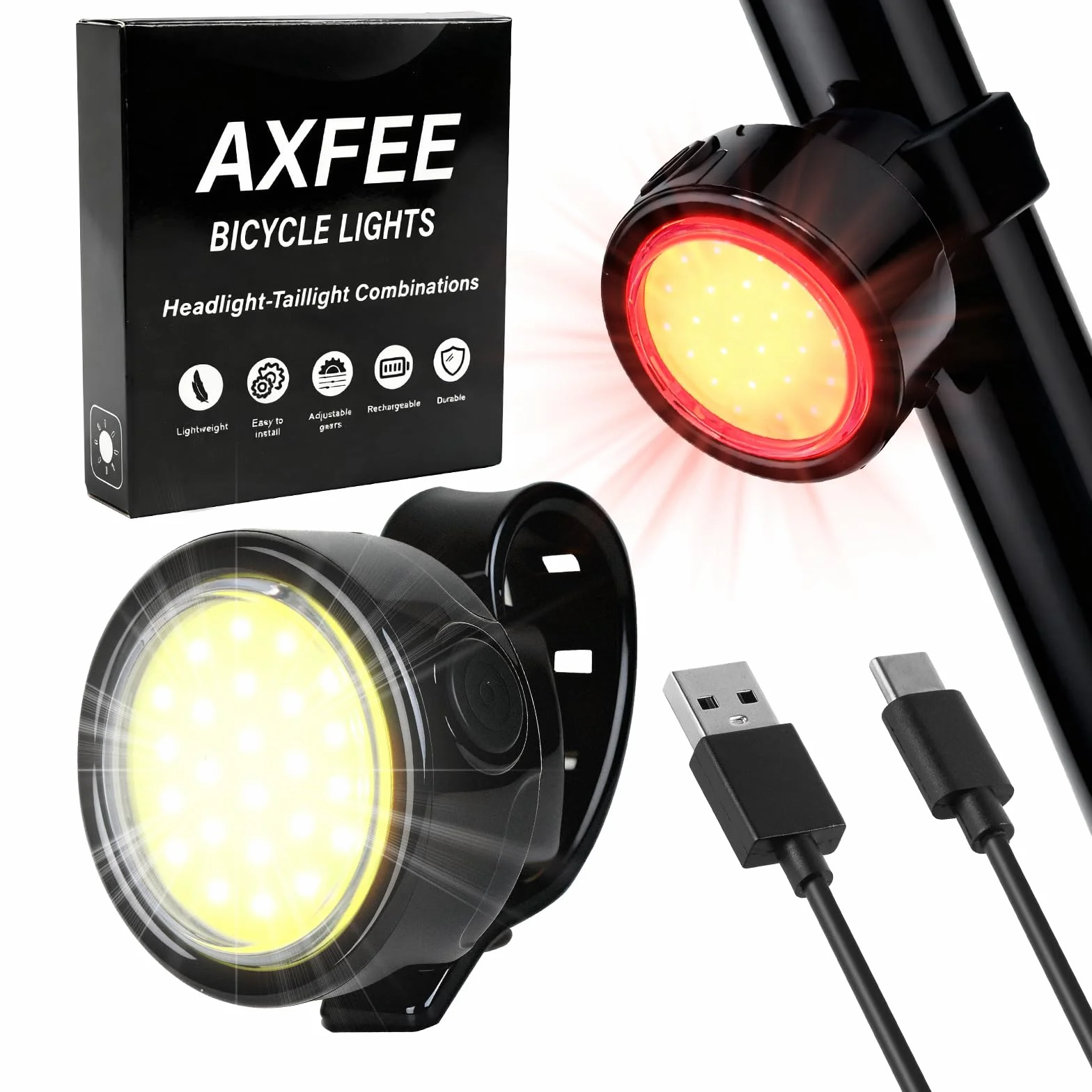 AXFEE Lumiere Velo Avant et Arriere, Eclairage Velo Rechargeable, Lumiere Velo, Phares de Vélo Avant et Arrière, Lampe Vélo Etanche, pour Le Cyclisme de Nuit