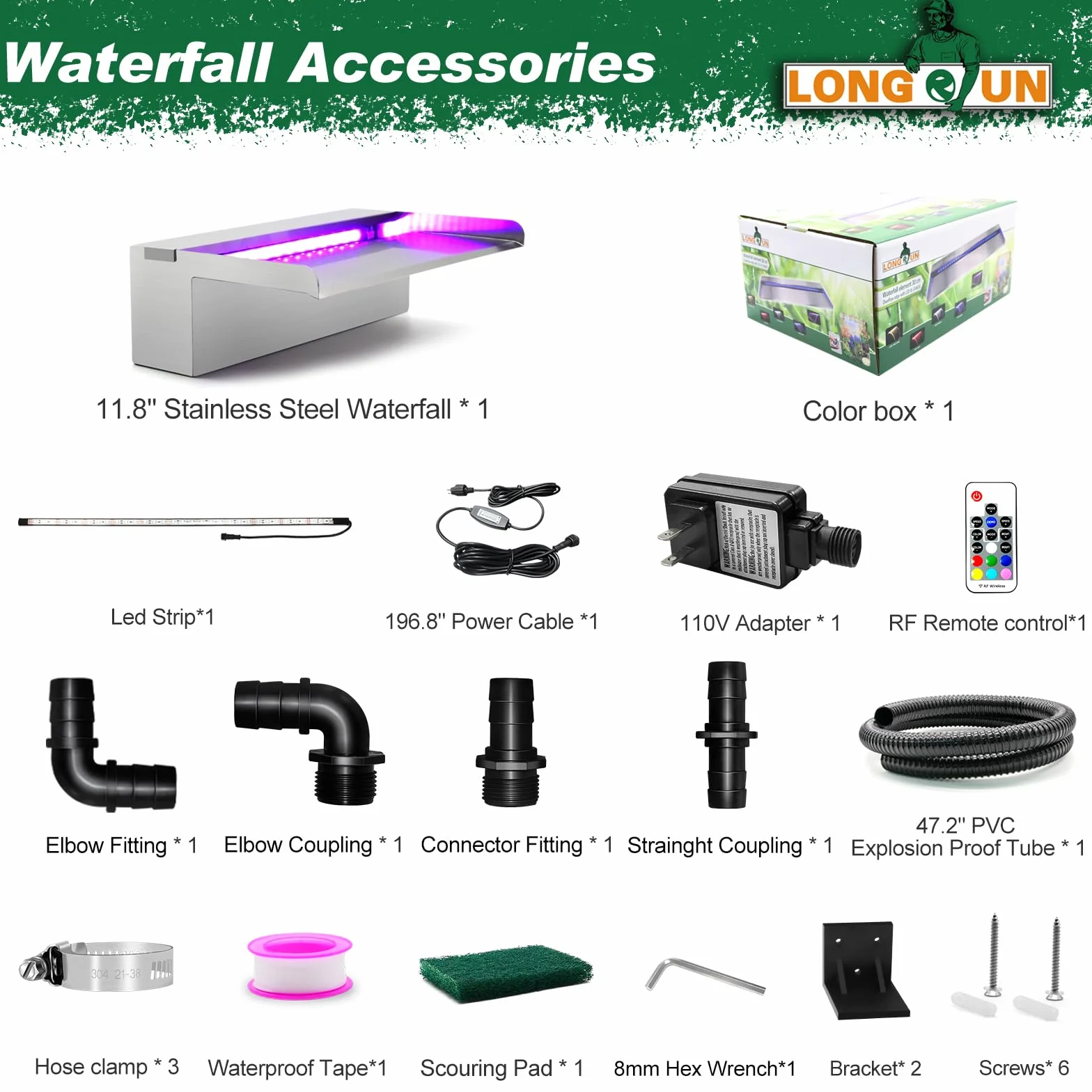 LONGRUN Cascade Piscine Fontaine Lame d'Eau 30cm Acier Inoxydable LED 7 Couleurs