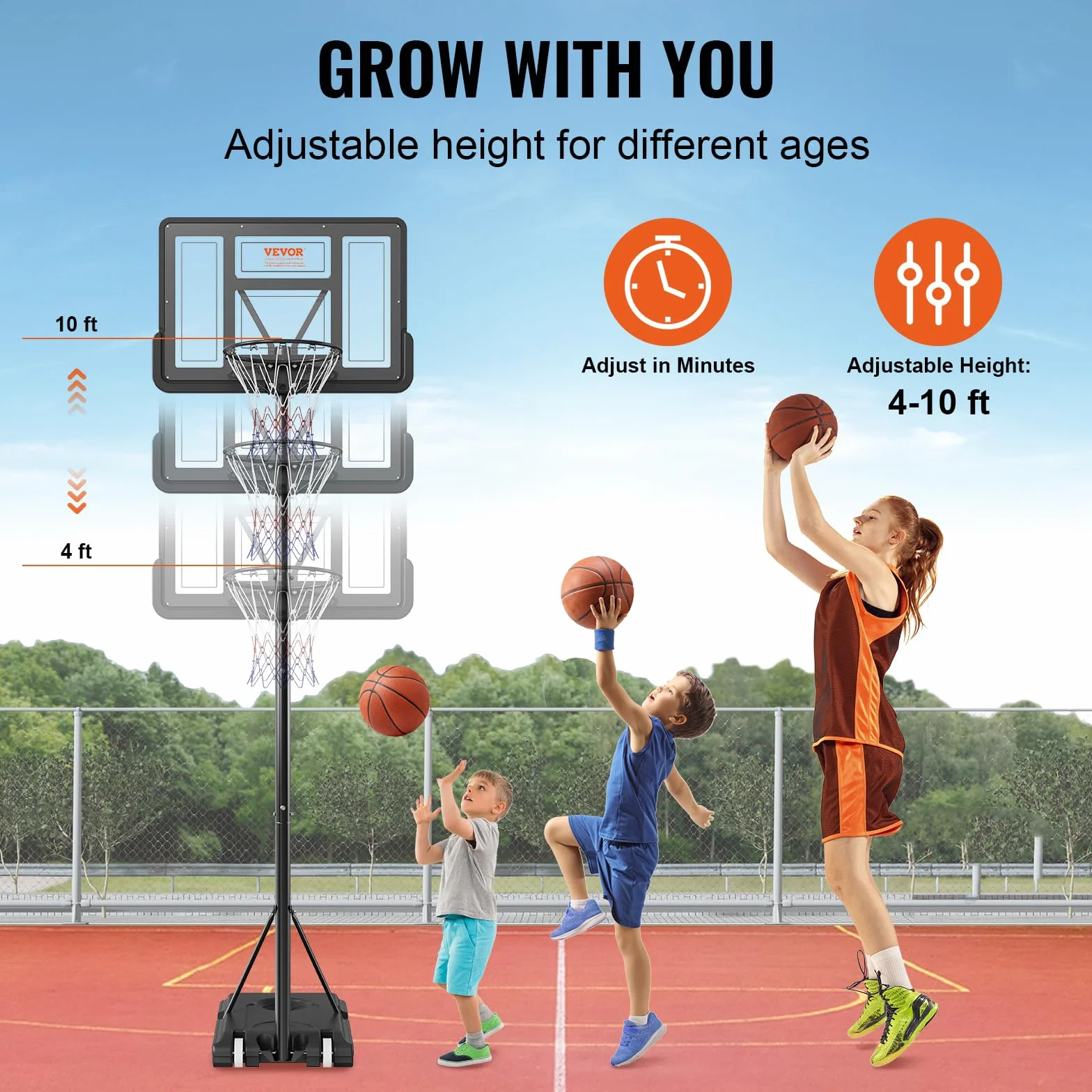 VEVOR Panier de Basket Extérieur Intérieur Portable Réglable en Hauteur 122-305 cm Panneau de Basket 112 cm sur Pied à roulettes avec Base de Lestage pour Adultes Enfants Entraînement de Basket-Ball