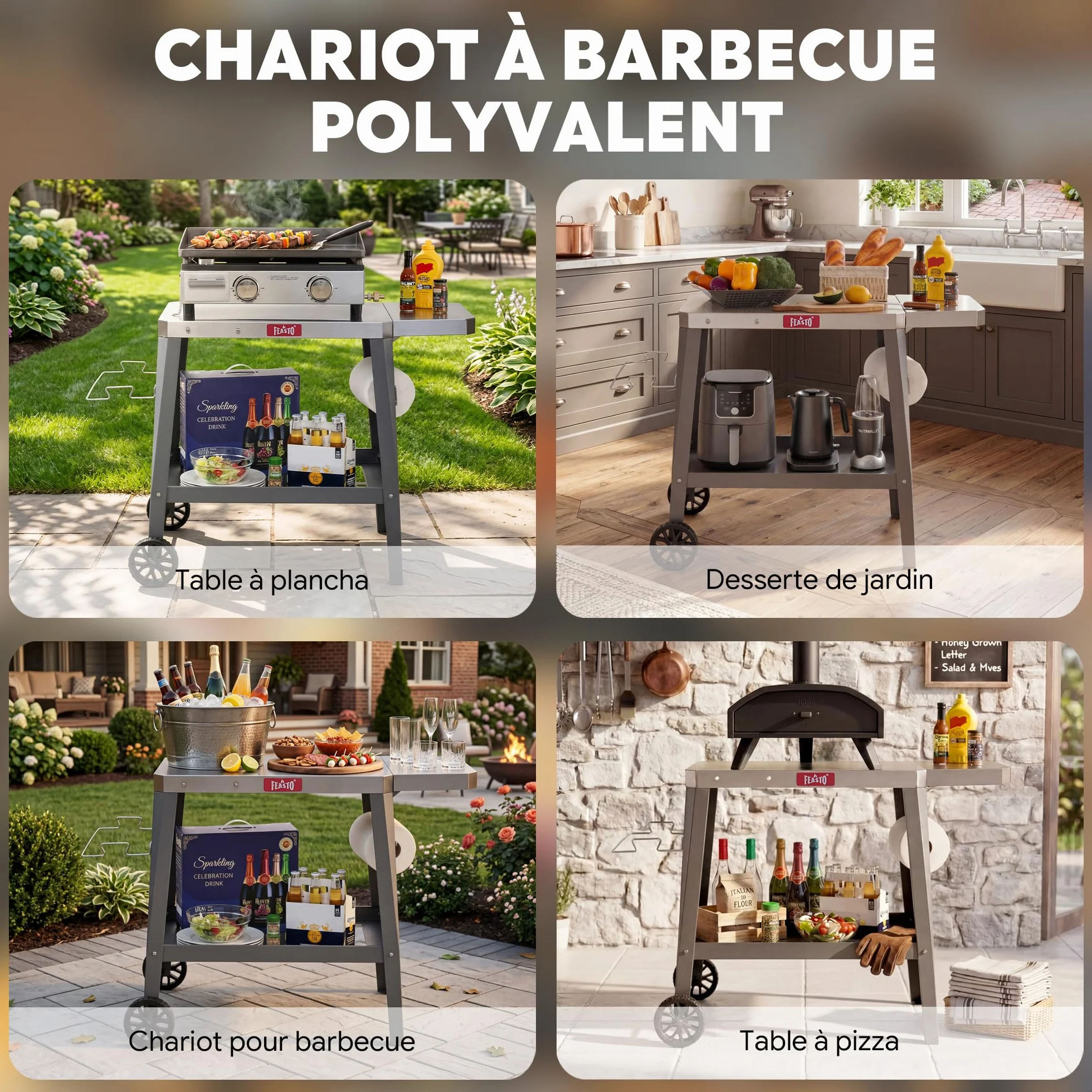 Feasto 2-Étagère Desserte de Jardin Pliable, Chariot de Barbecue Acier INOX, Gris