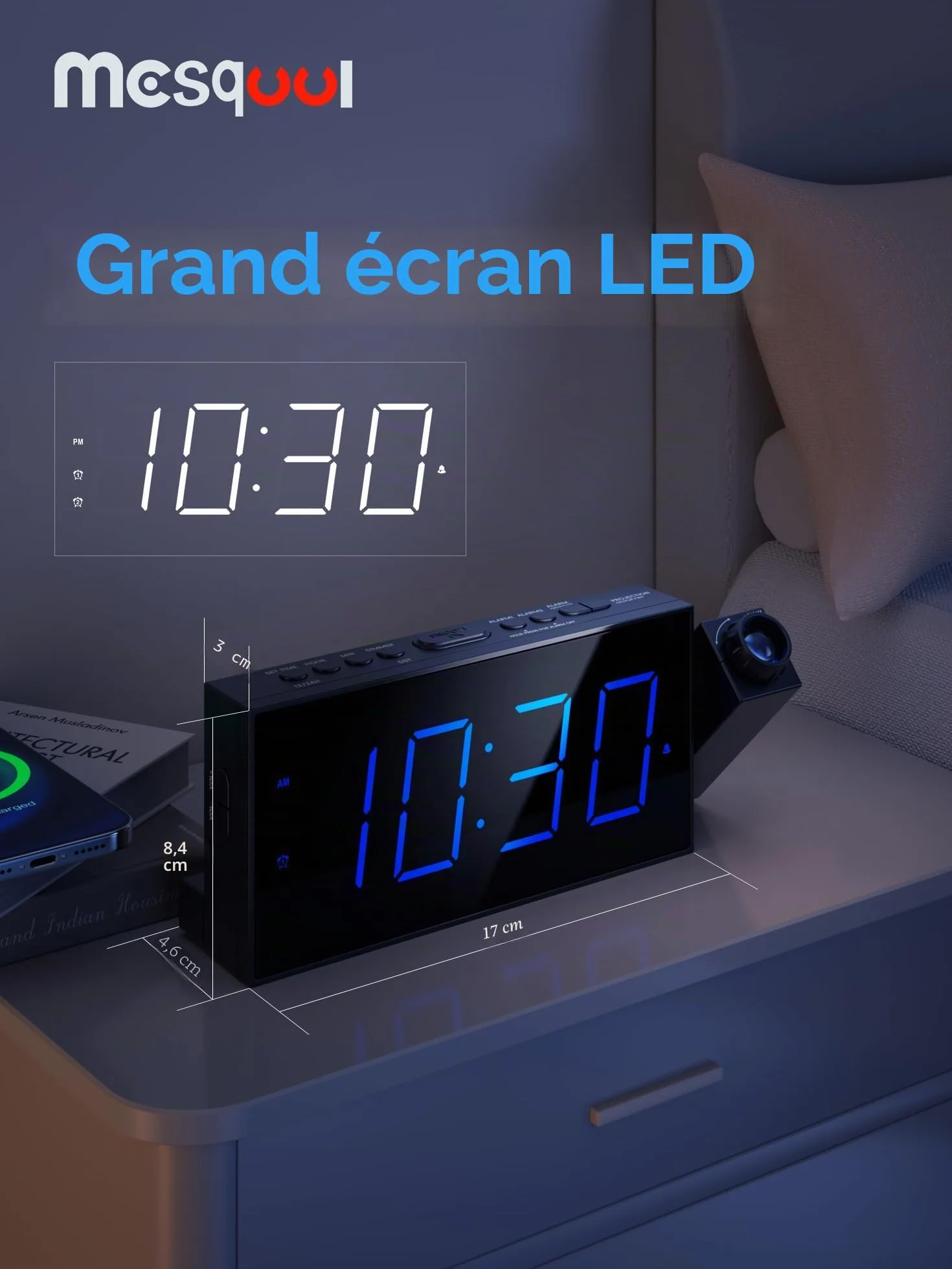 Reveil Projecteur Enfants LED 180° 7" Plafond Snooze Luminosité Réglable 12/24H