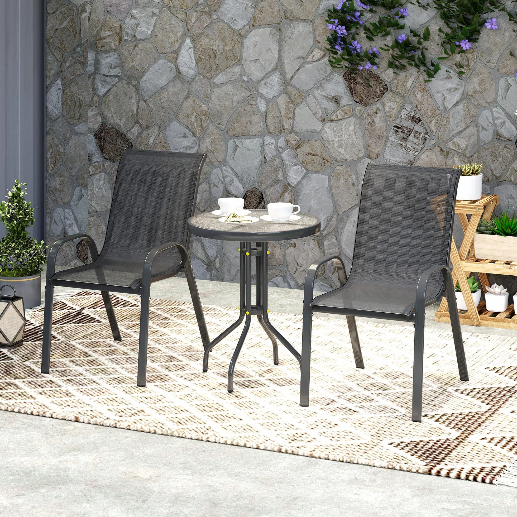 Outsunny 3 pièces Salon de Jardin extérieur Ensemble Meubles 2 fauteuils empilables Table Basse Verre trempé Tissu textilène Noir